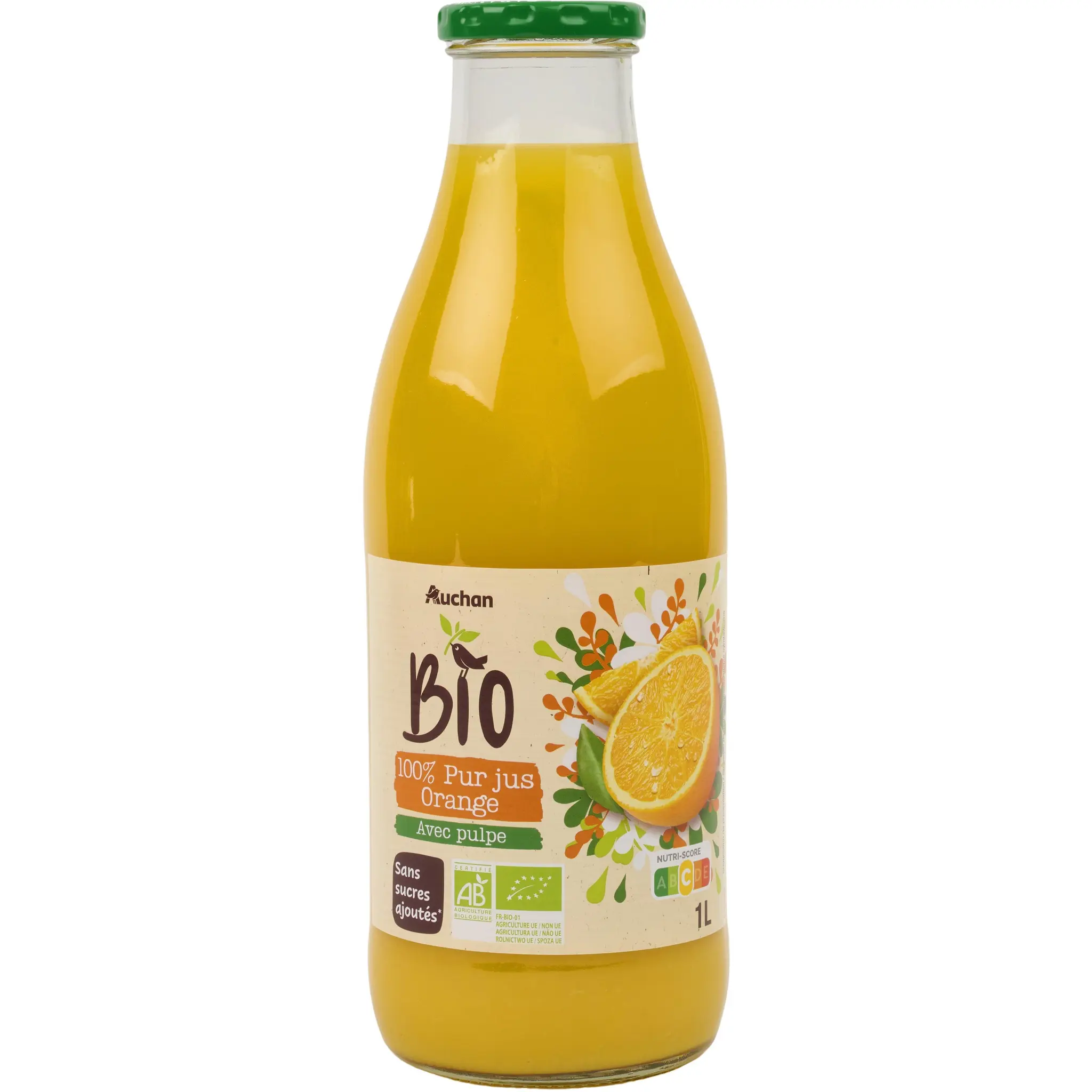 AUCHAN BIO Pur jus d'orange avec pulpe bio bouteille