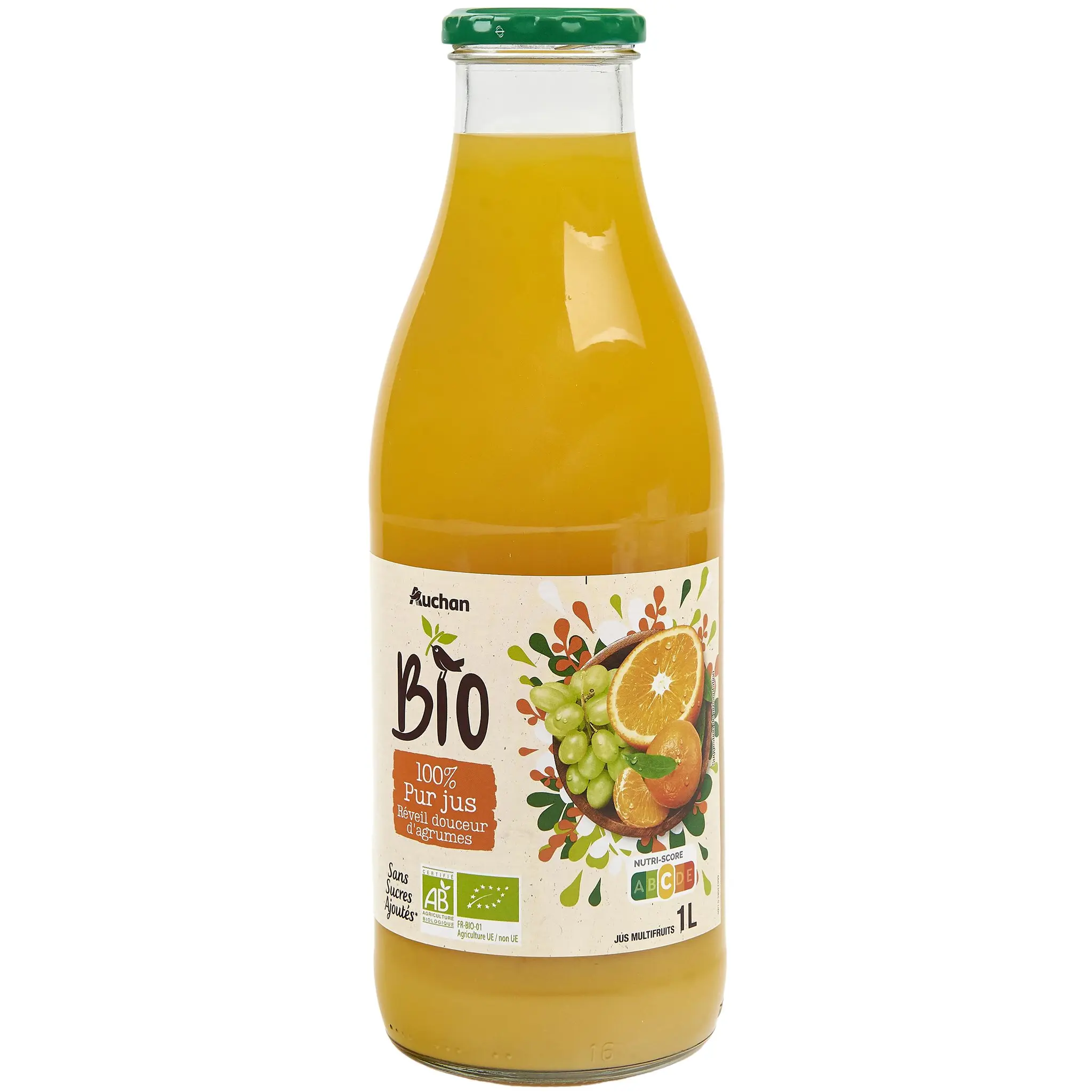 AUCHAN BIO Pur jus réveil douceur agrumes en bouteille