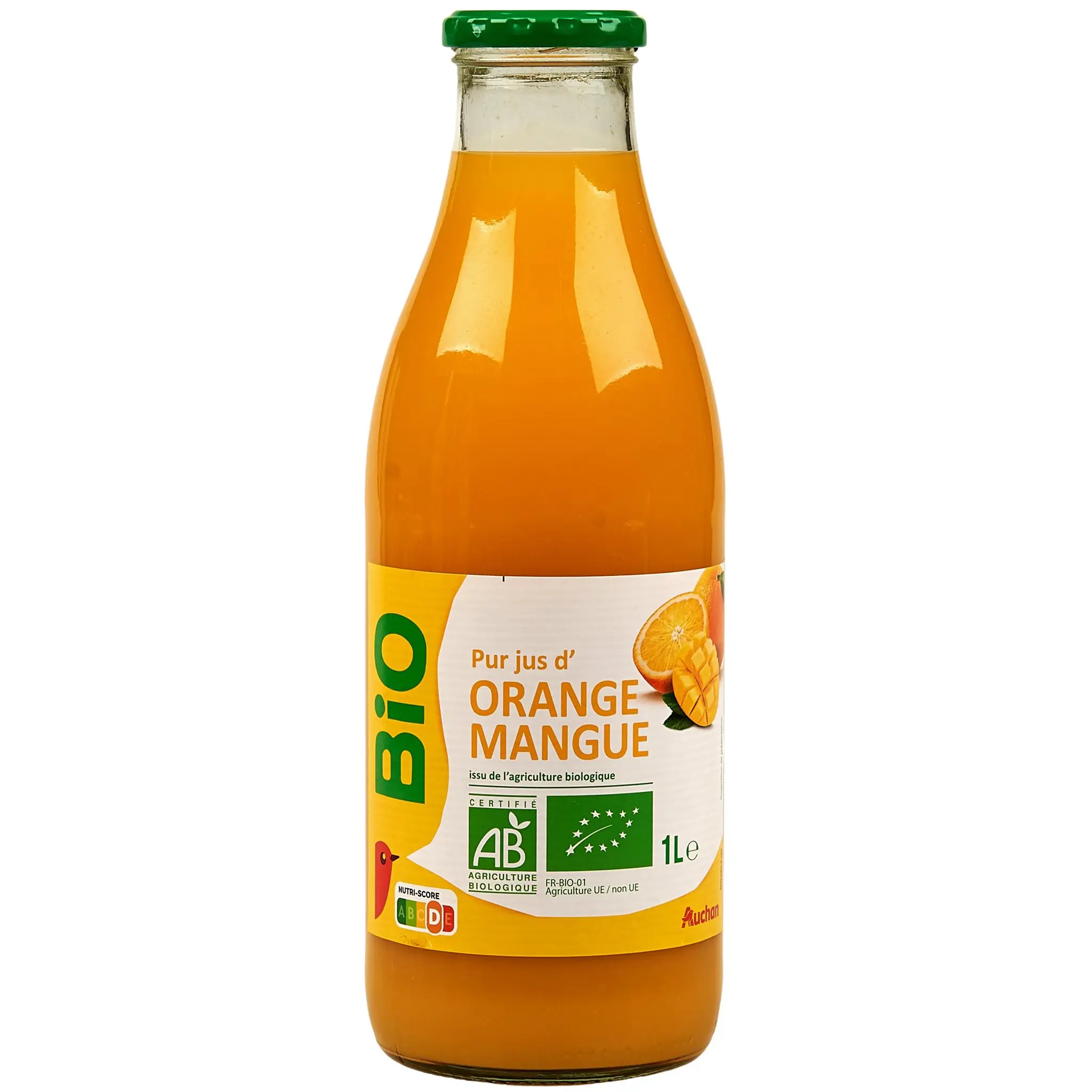 AUCHAN BIO Pur jus d'orange et mangue bouteille verre