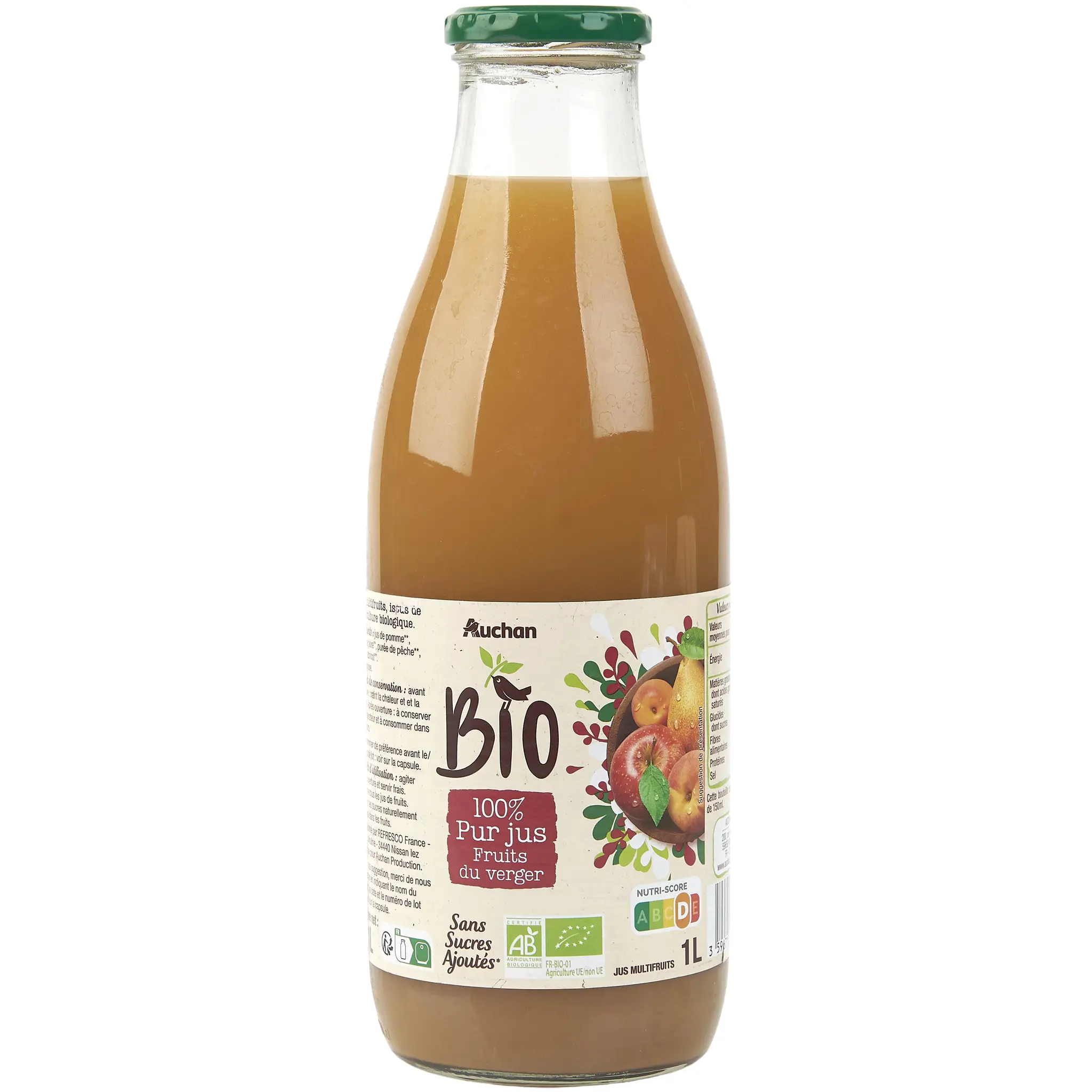 AUCHAN BIO Pur jus de fruits du verger bouteille verre