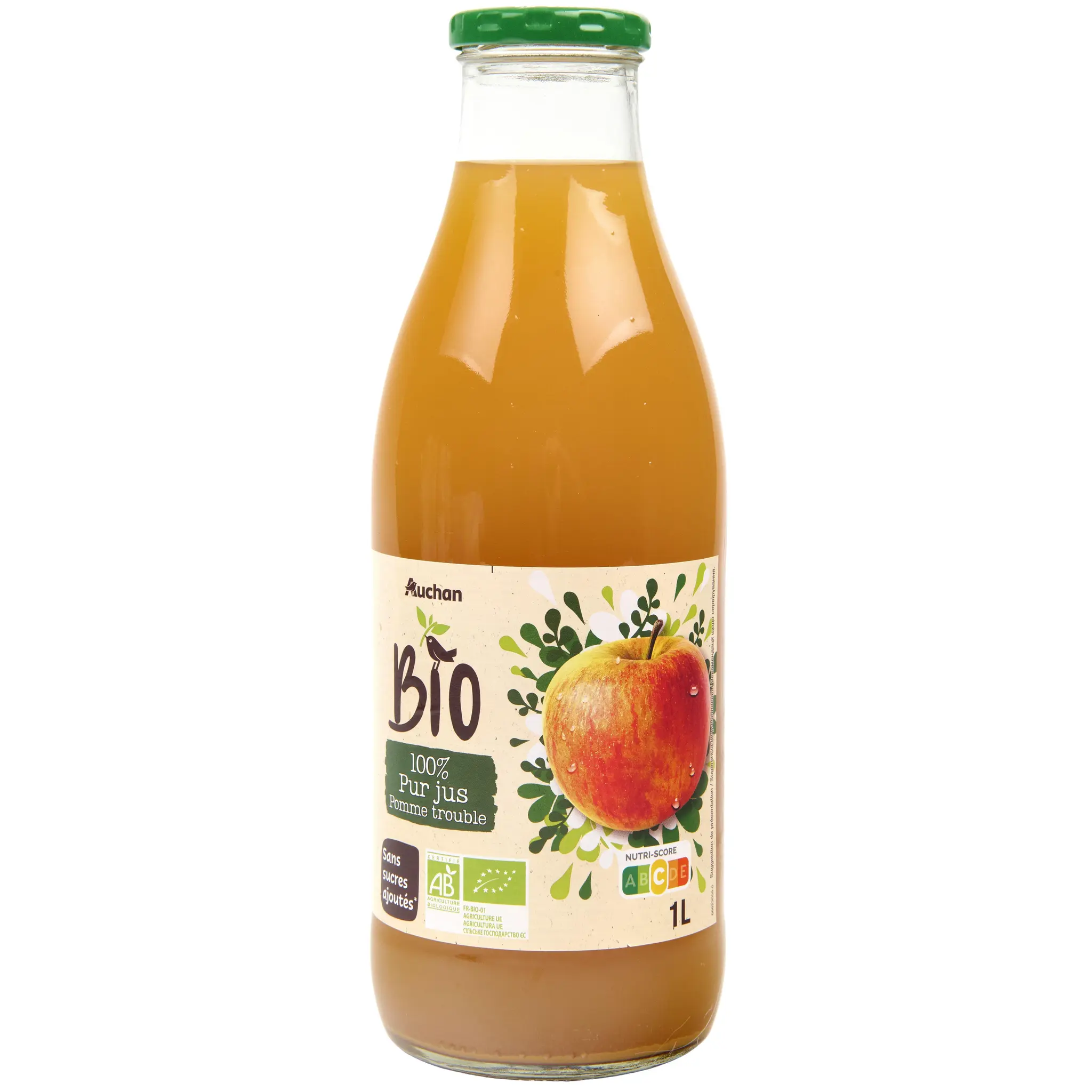 AUCHAN BIO Pur jus de pomme trouble bouteille verre
