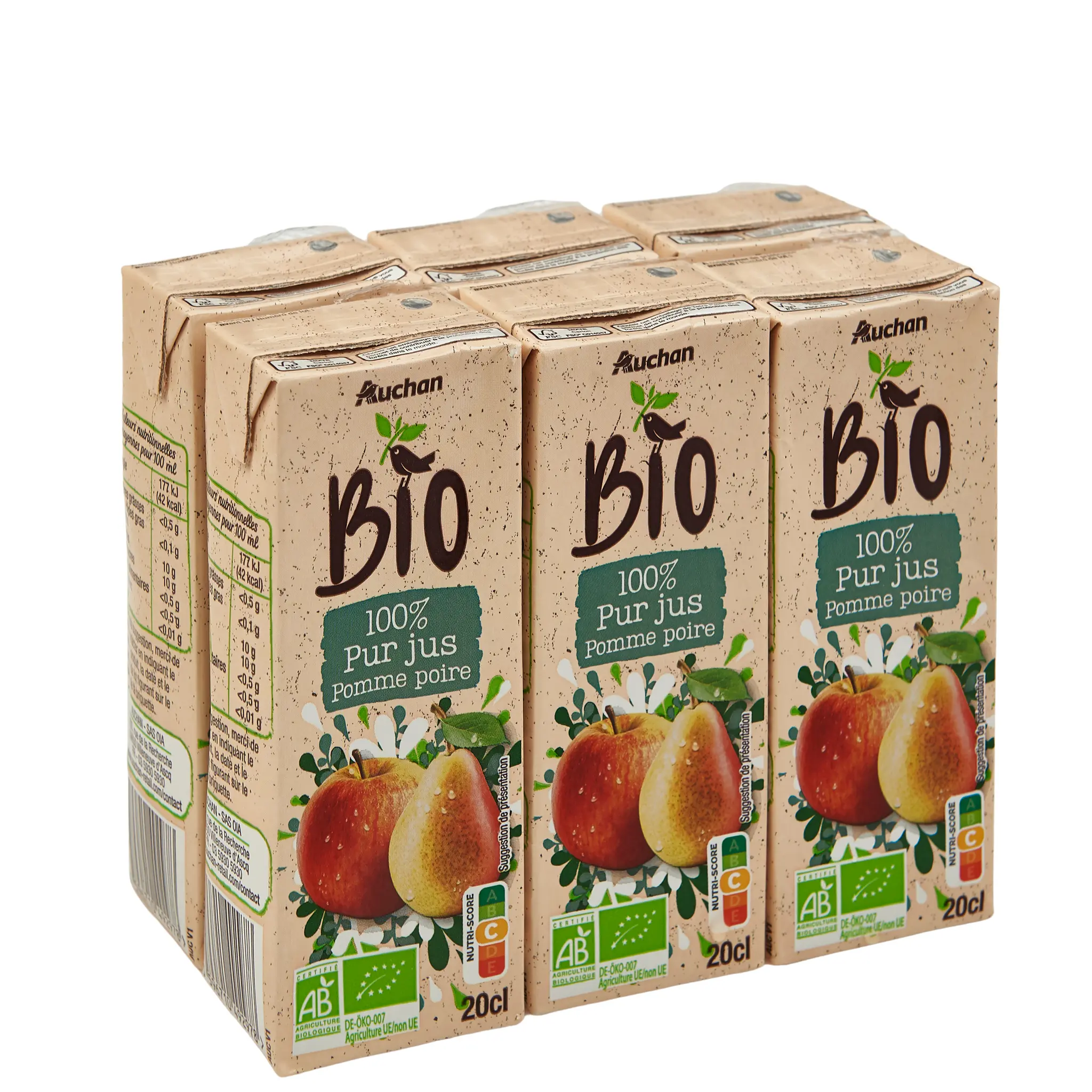 AUCHAN BIO Pur jus de pomme poire en briquette