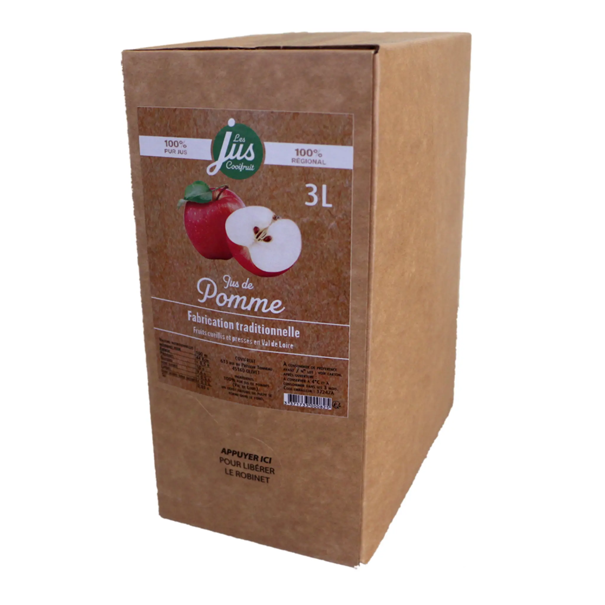LES JUS COVIFRUIT Pur jus de pomme traditionnel bib avec robinet