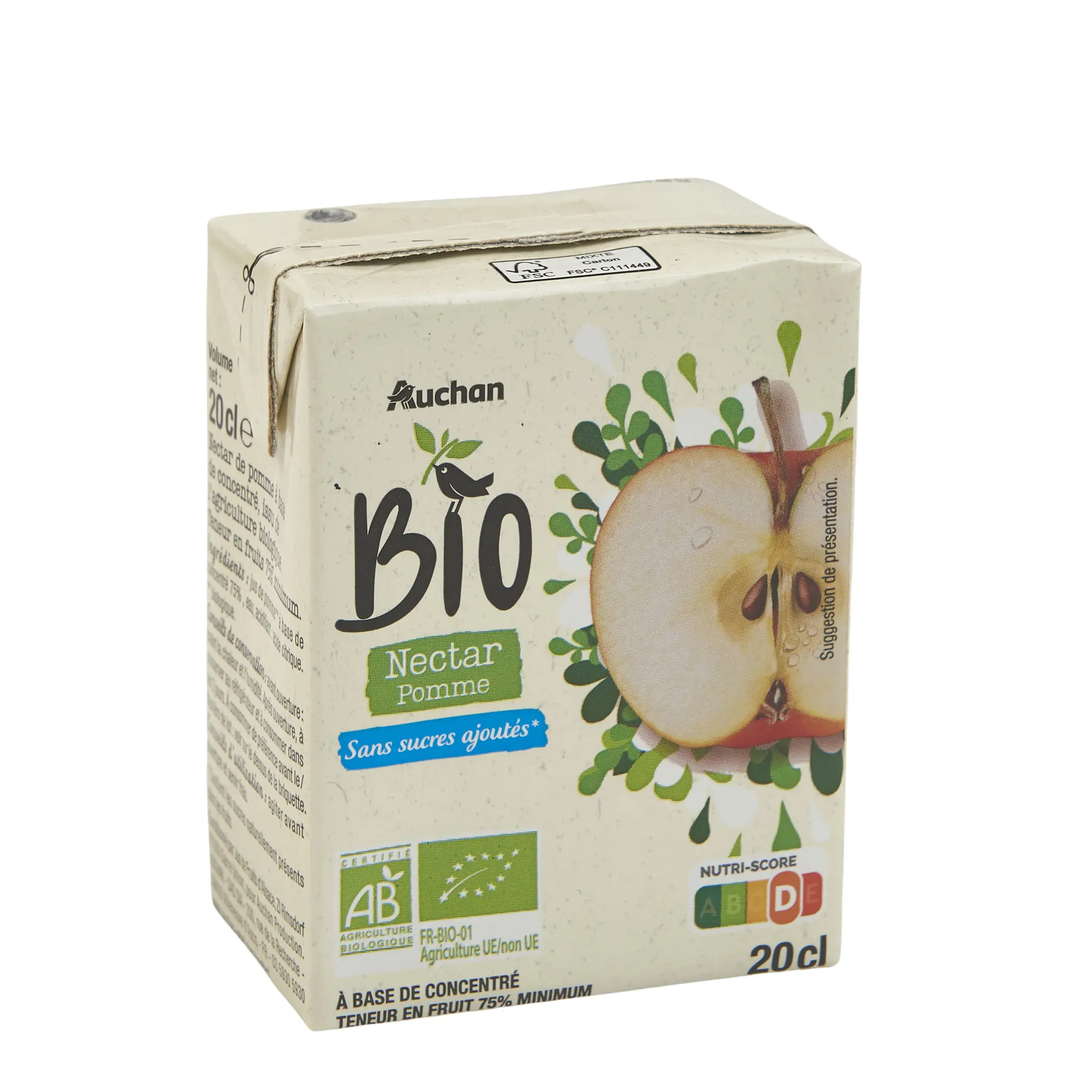 AUCHAN BIO Nectar de pomme sans sucres ajoutés en briquette bio