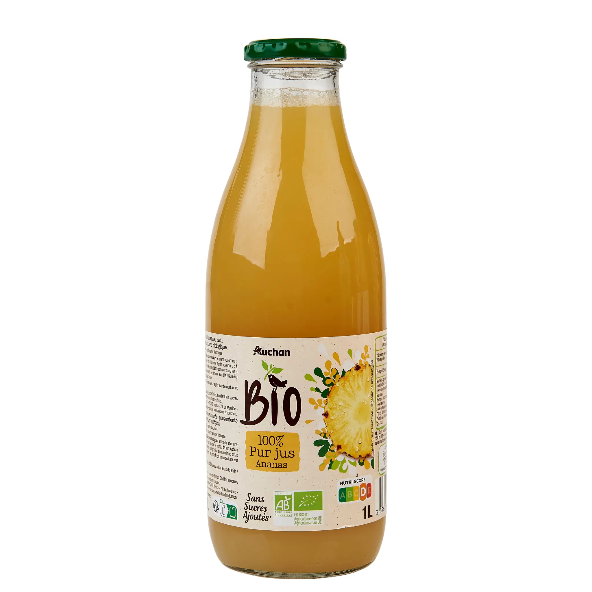 AUCHAN BIO Pur jus d'ananas bouteille verre