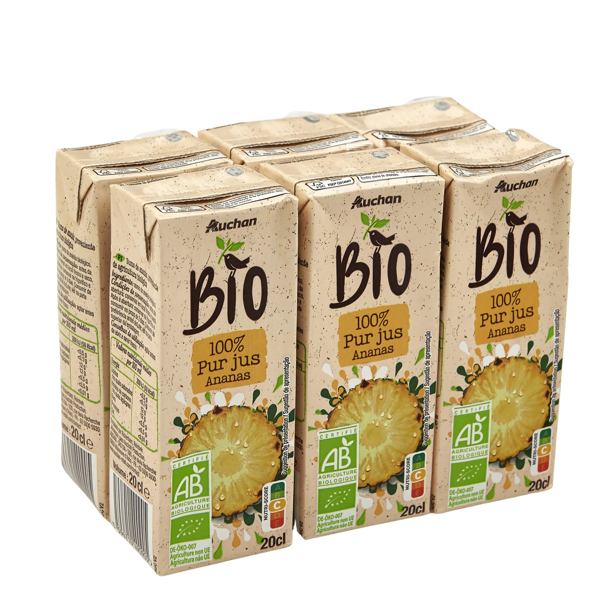 AUCHAN BIO Pur jus d'ananas en briquette