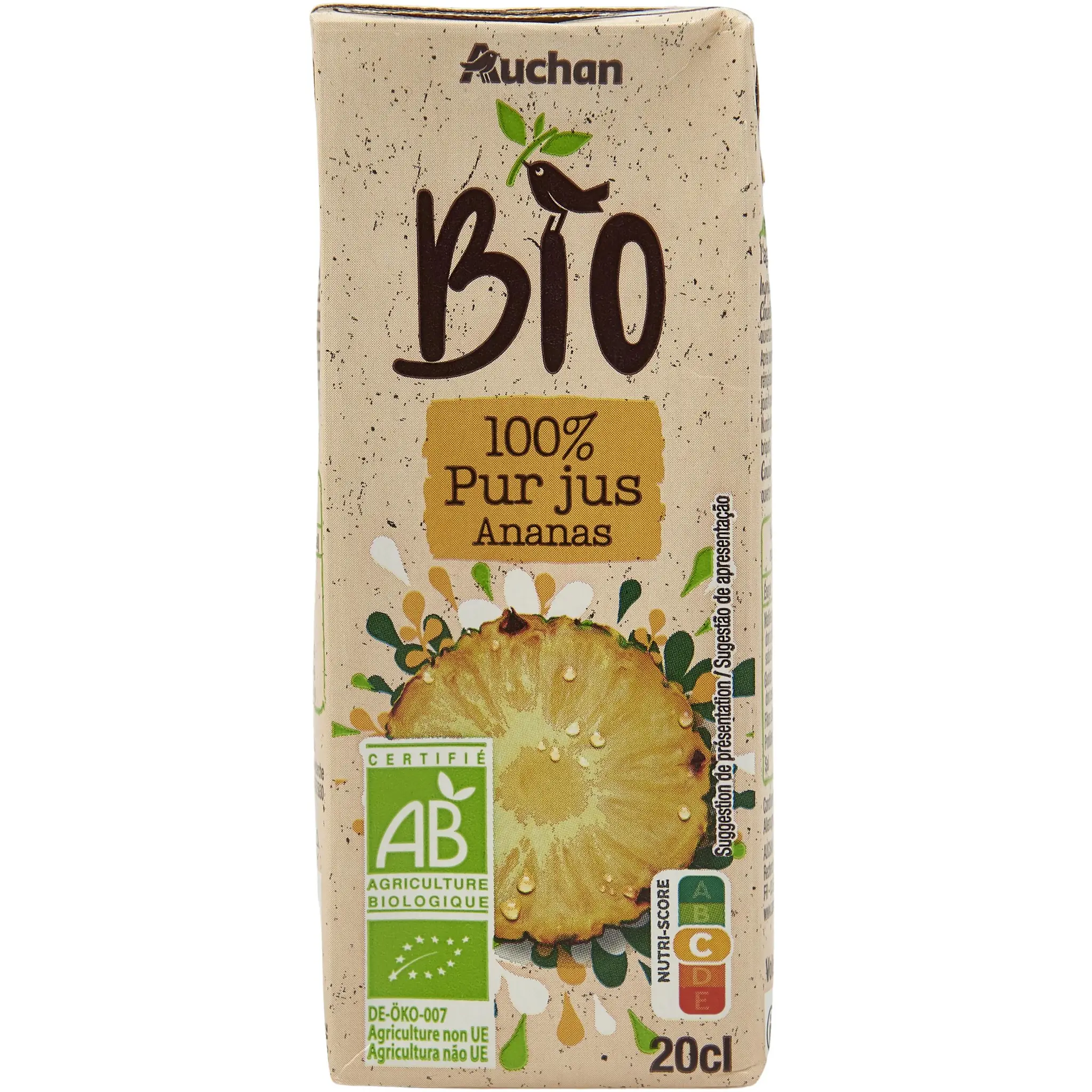 AUCHAN BIO Pur jus d'ananas en briquette