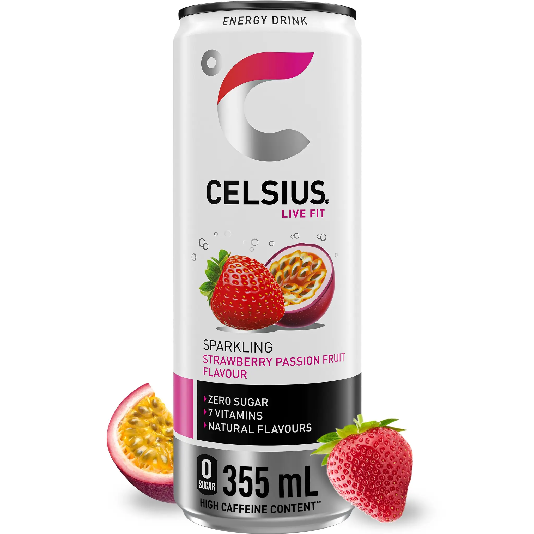 CELSIUS Boisson énergisante pétillante saveur fraise fruit de la passion sans sucres boîte