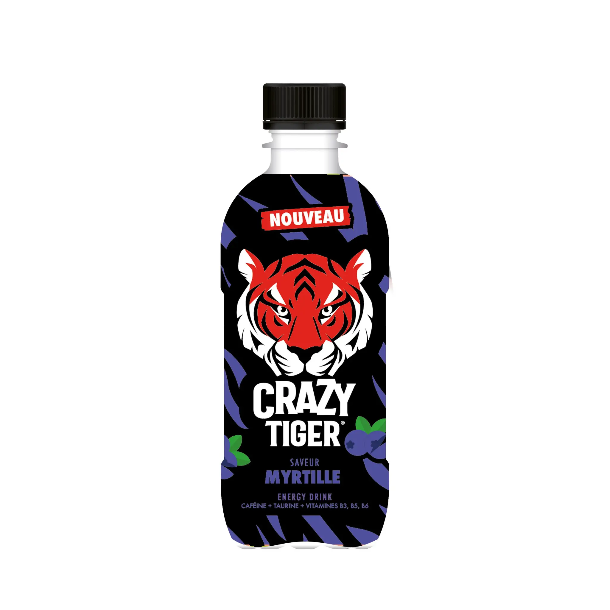CRAZY TIGER Boisson énergisante gazeuse saveur myrtille bouteille