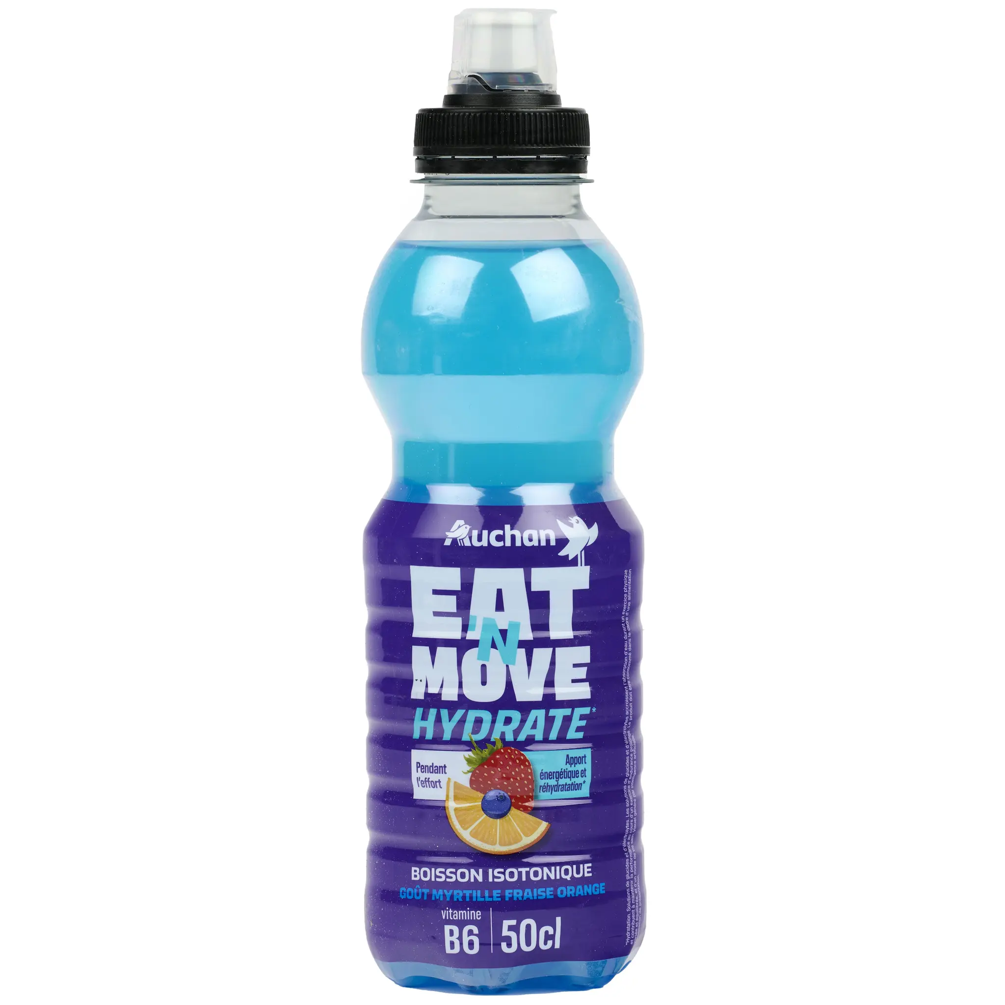 AUCHAN Eat 'N Move Boisson isotonique hydrate goût myrtille fraise orange bouteille