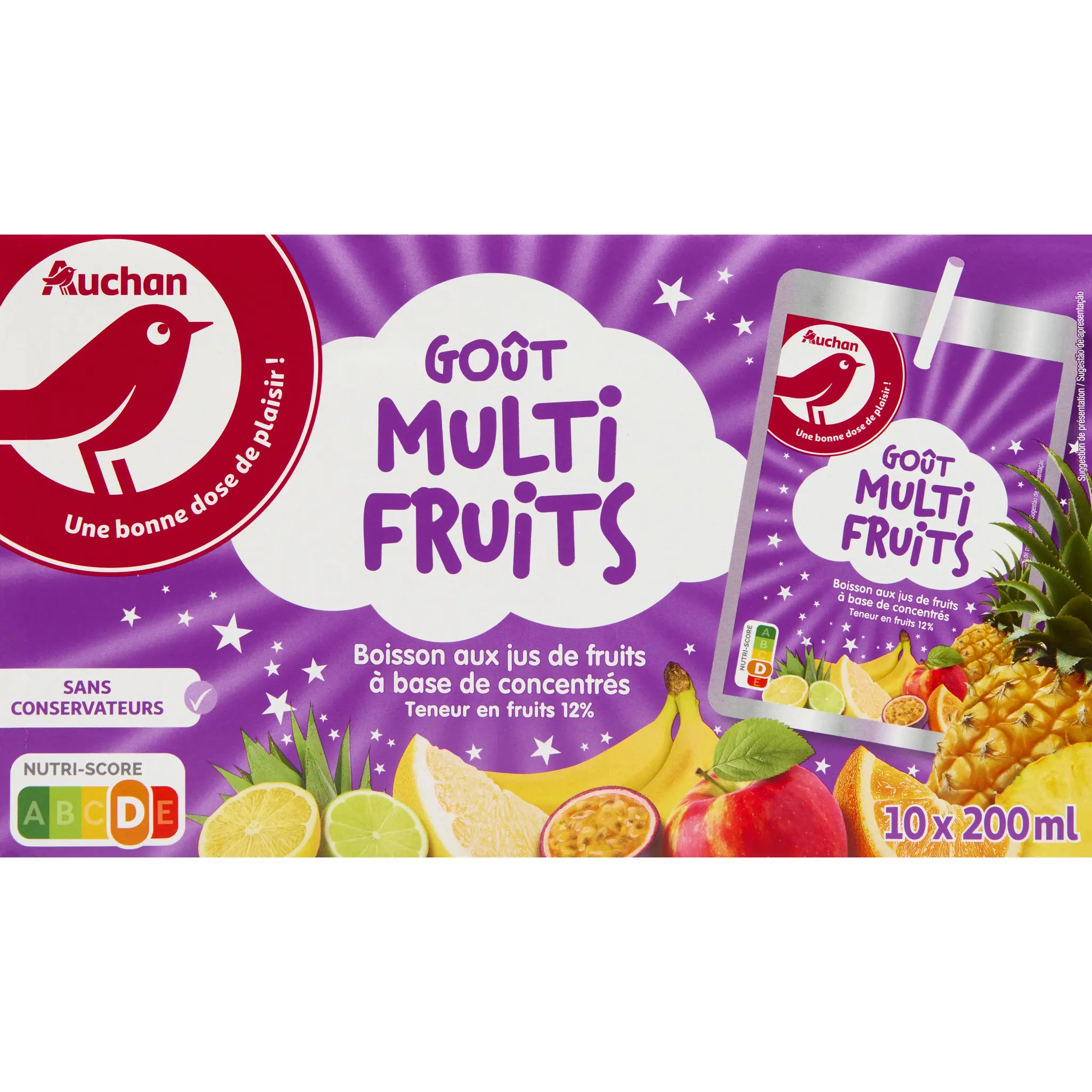 AUCHAN Boisson aux jus de fruits goût multifruits poches