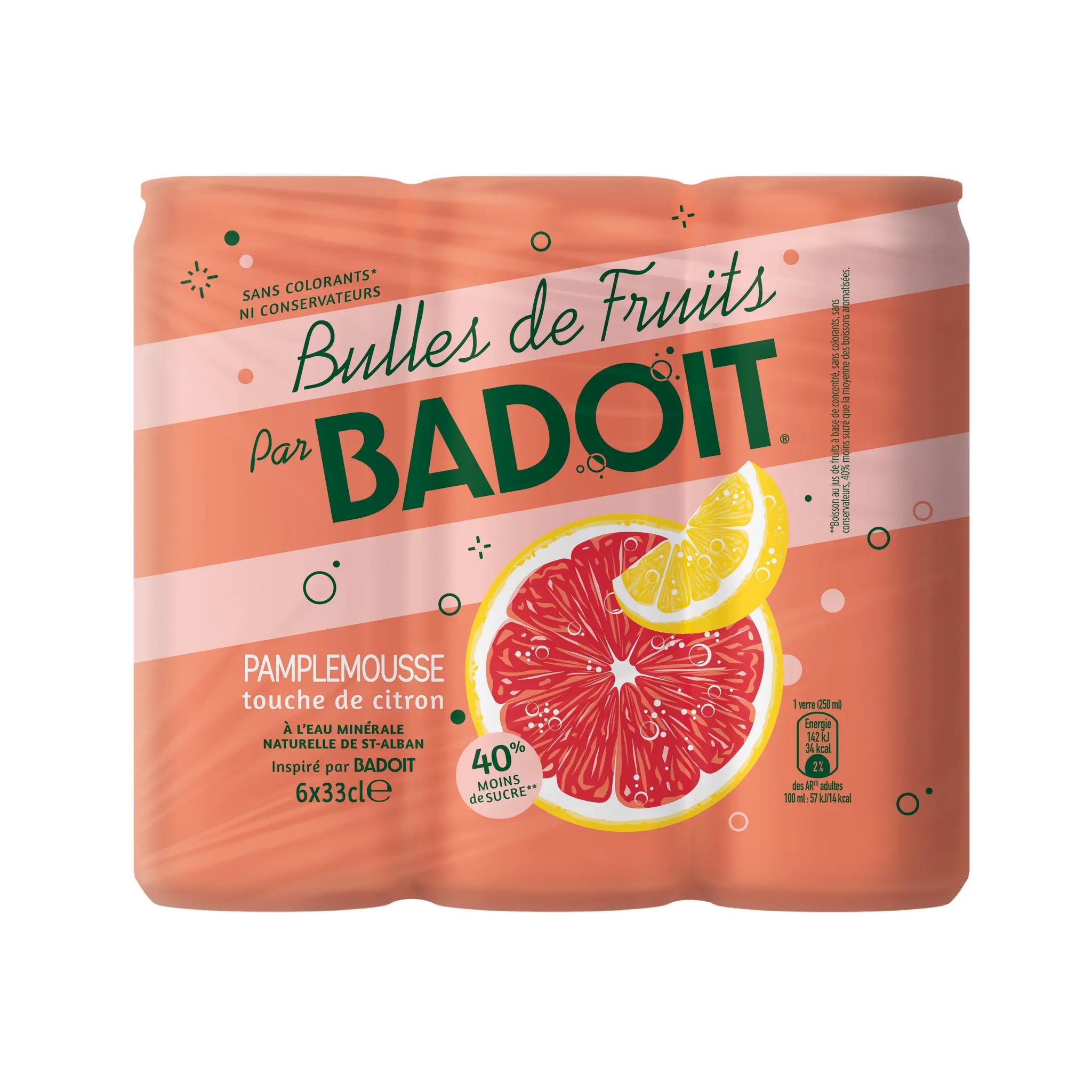 BADOIT Bulles de fruits boisson pétillante pamplemousse touche de citron boîtes