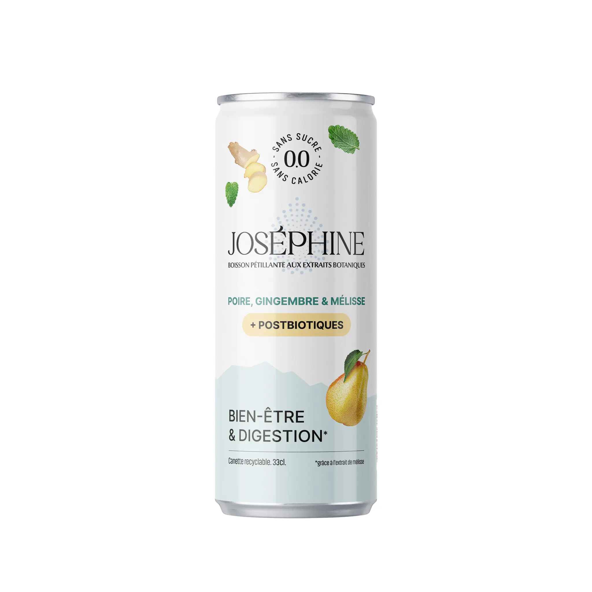 JOSEPHINE Eau pétillante poire gingembre mélisse et postbiotiques sans sucre boîte