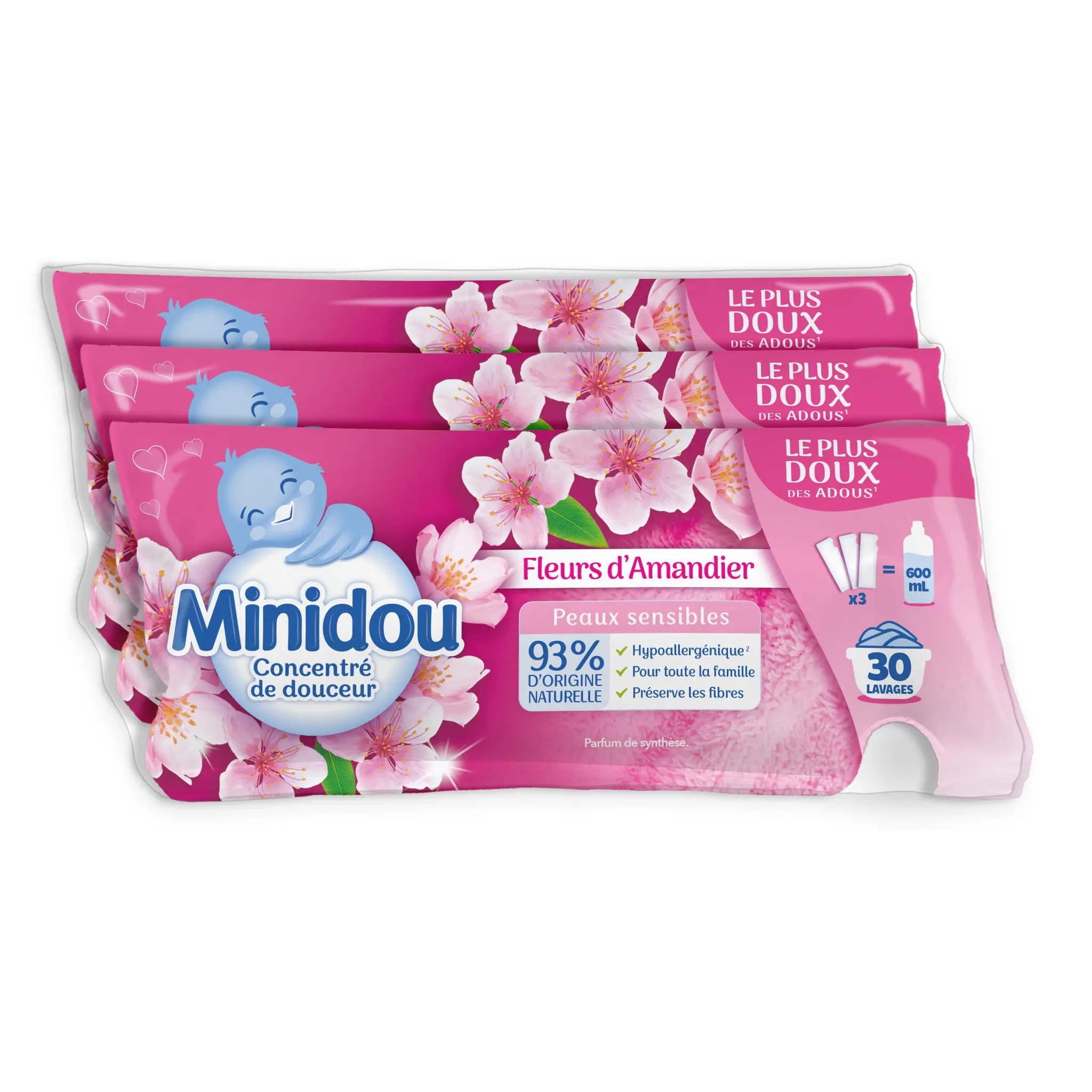 MINIDOU Adoucissant berlingot hypoallergénique 97% d'ingrédients d'origine naturelle fleurs d'amandier peaux sensibles