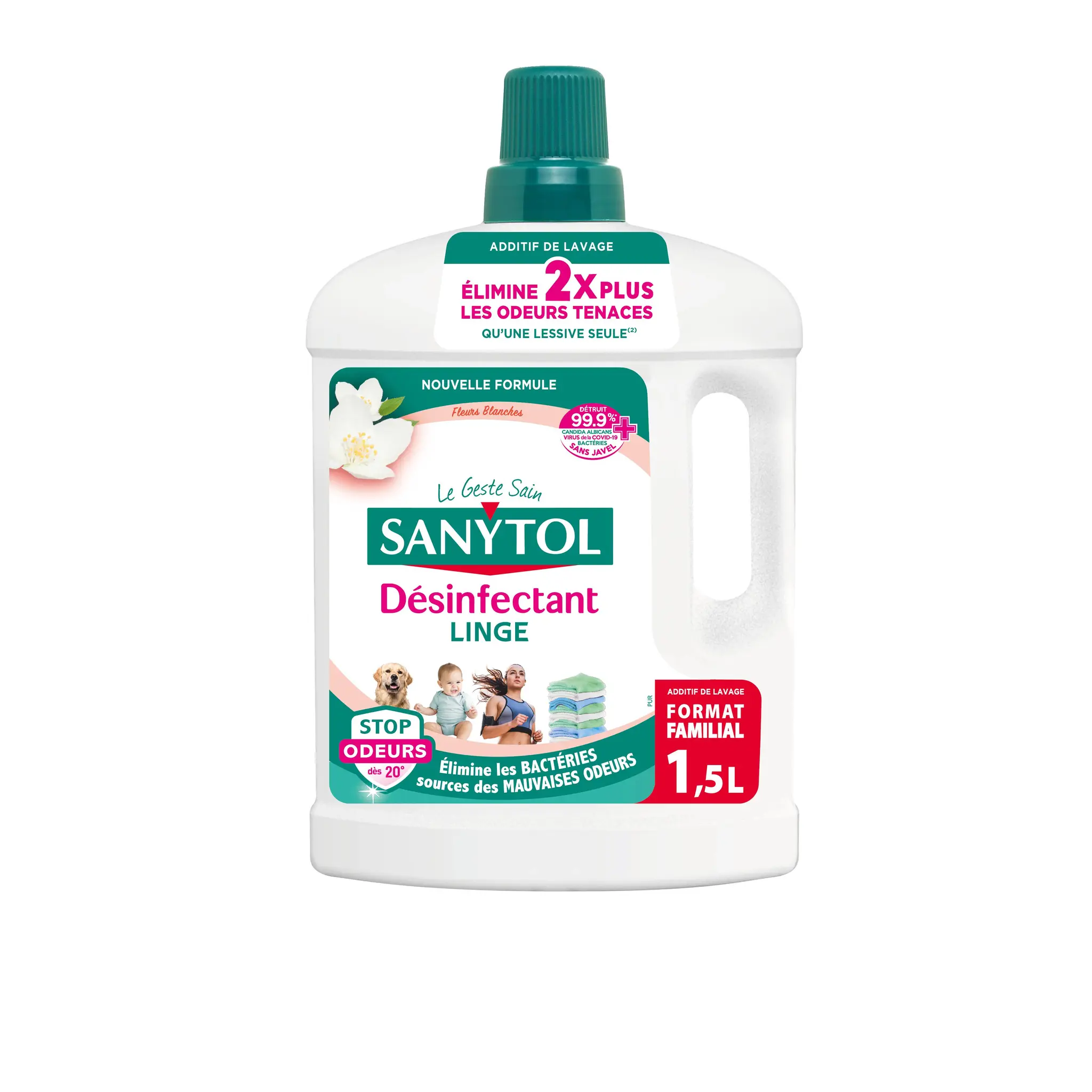 SANYTOL Désinfectant linge liquide élimine 2fois plus les odeurs tenaces fleurs blanches