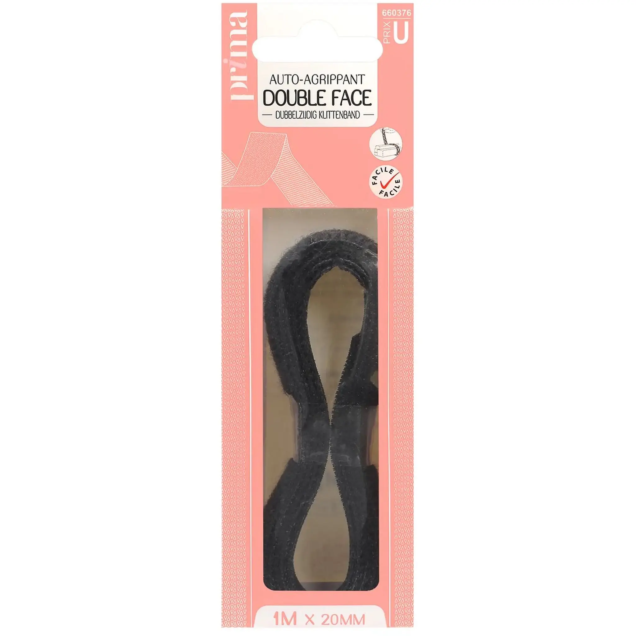 PRIMA Auto-agrippant double face 1m x 20mm coloris aléatoire