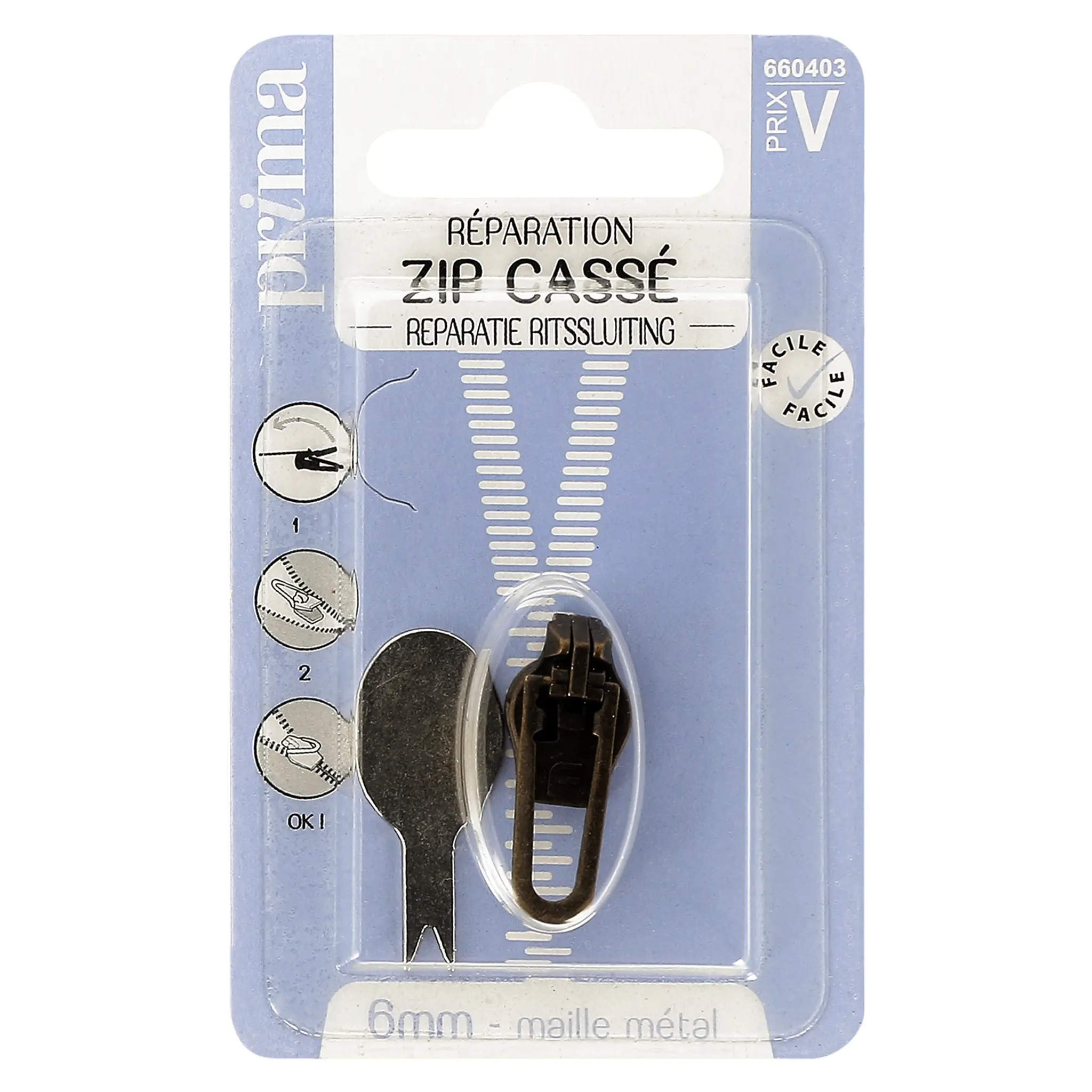 PRIMA Réparation zip cassé 6mm maille métal