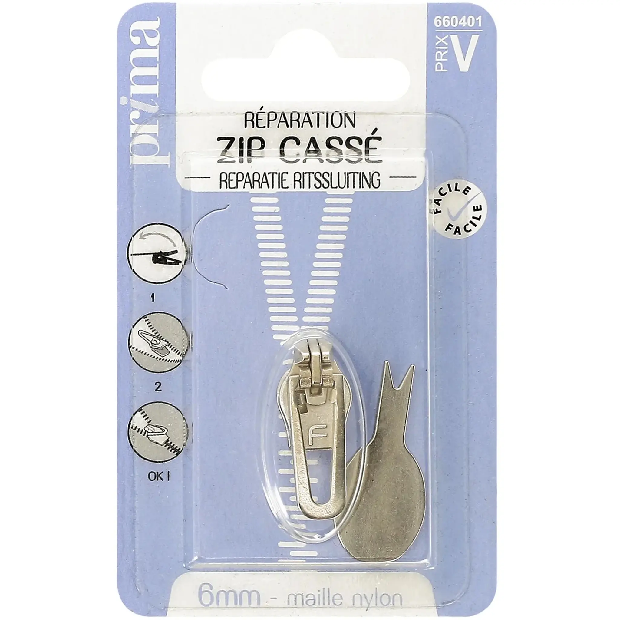 PRIMA Réparation zip cassé 6mm maille nylon