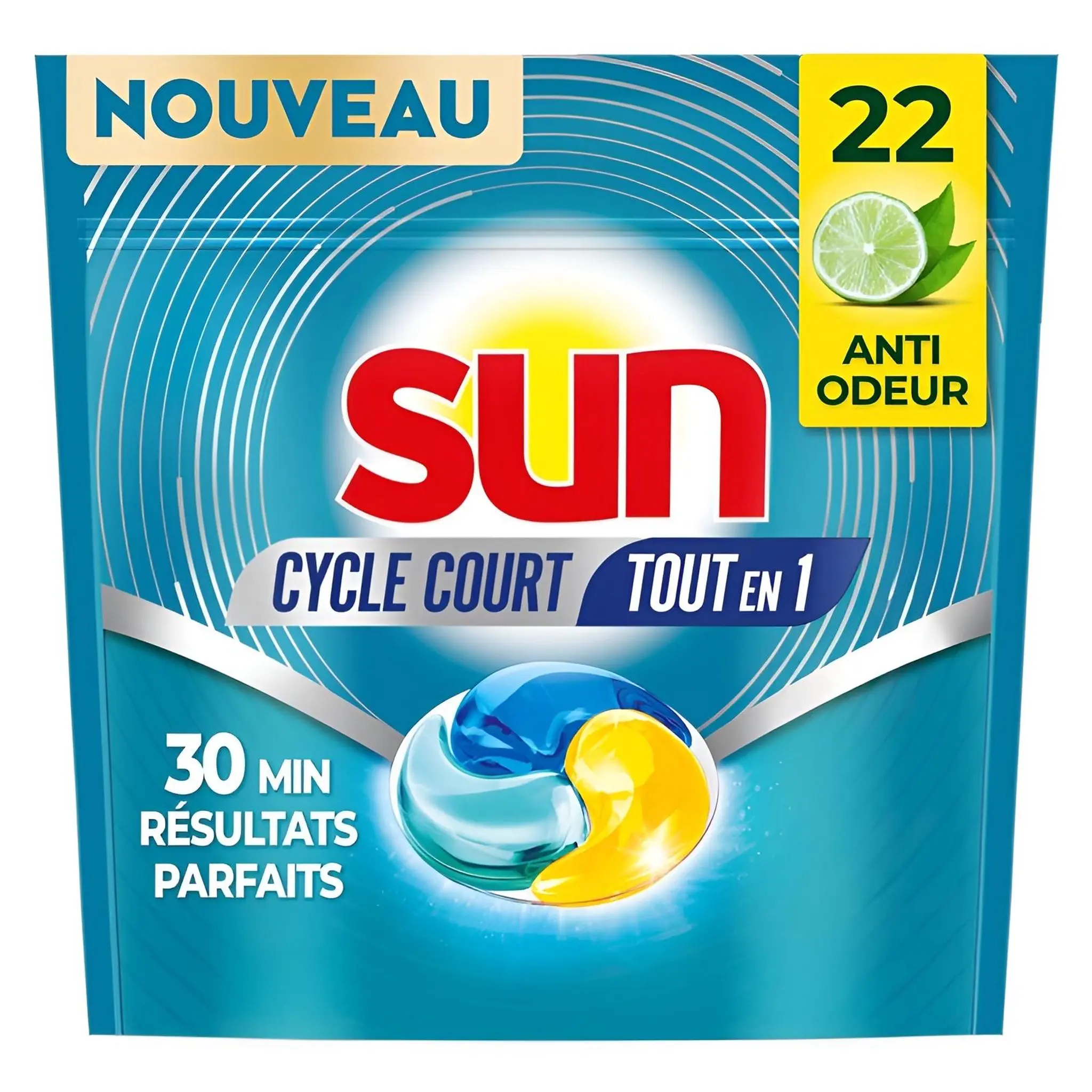 SUN Cycle Court capsules lave-vaisselle tout-en-1 anti-odeurs citron vert et thé vert