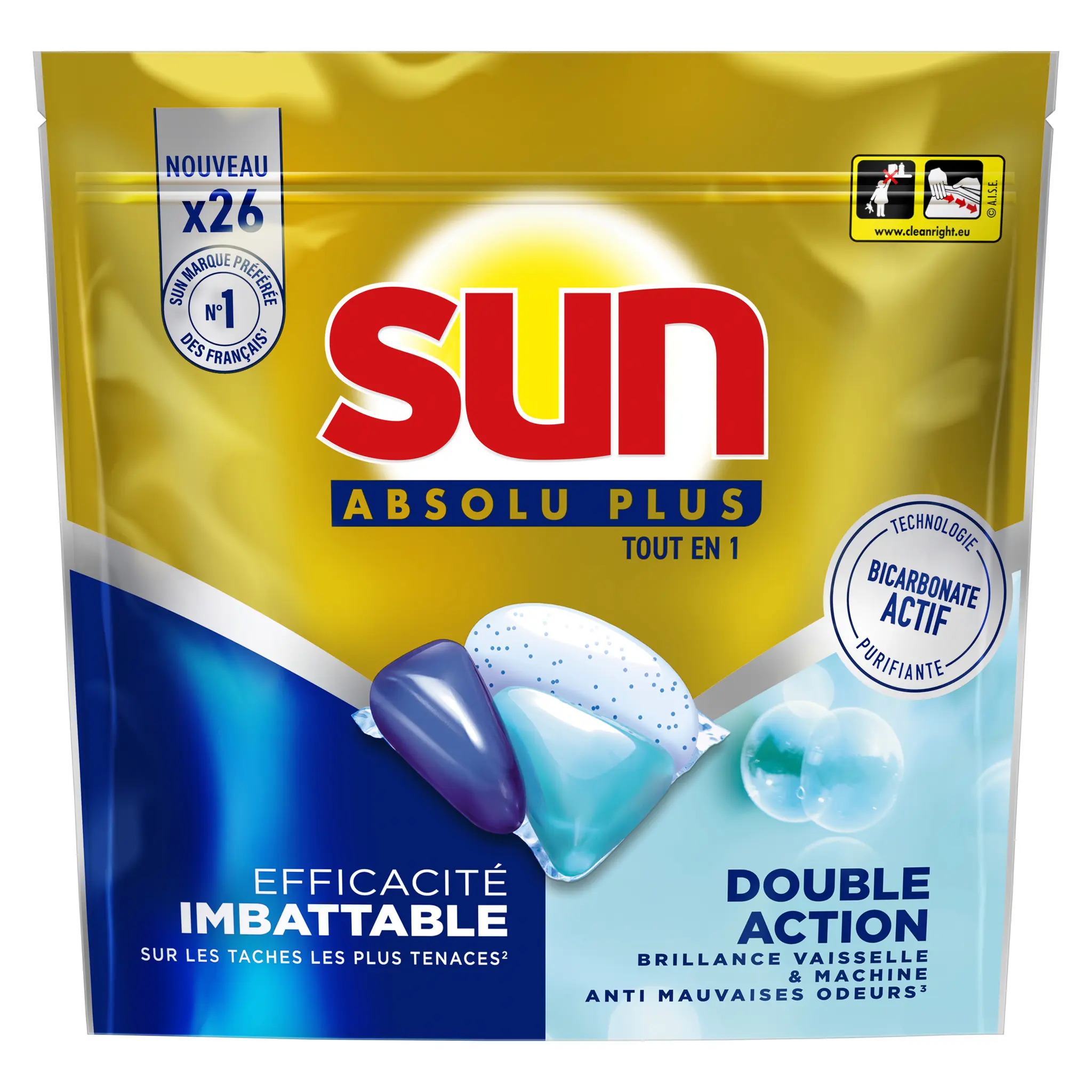 SUN Absolu plus Capsules lave-vaisselle tout en 1 biocarbonate actif