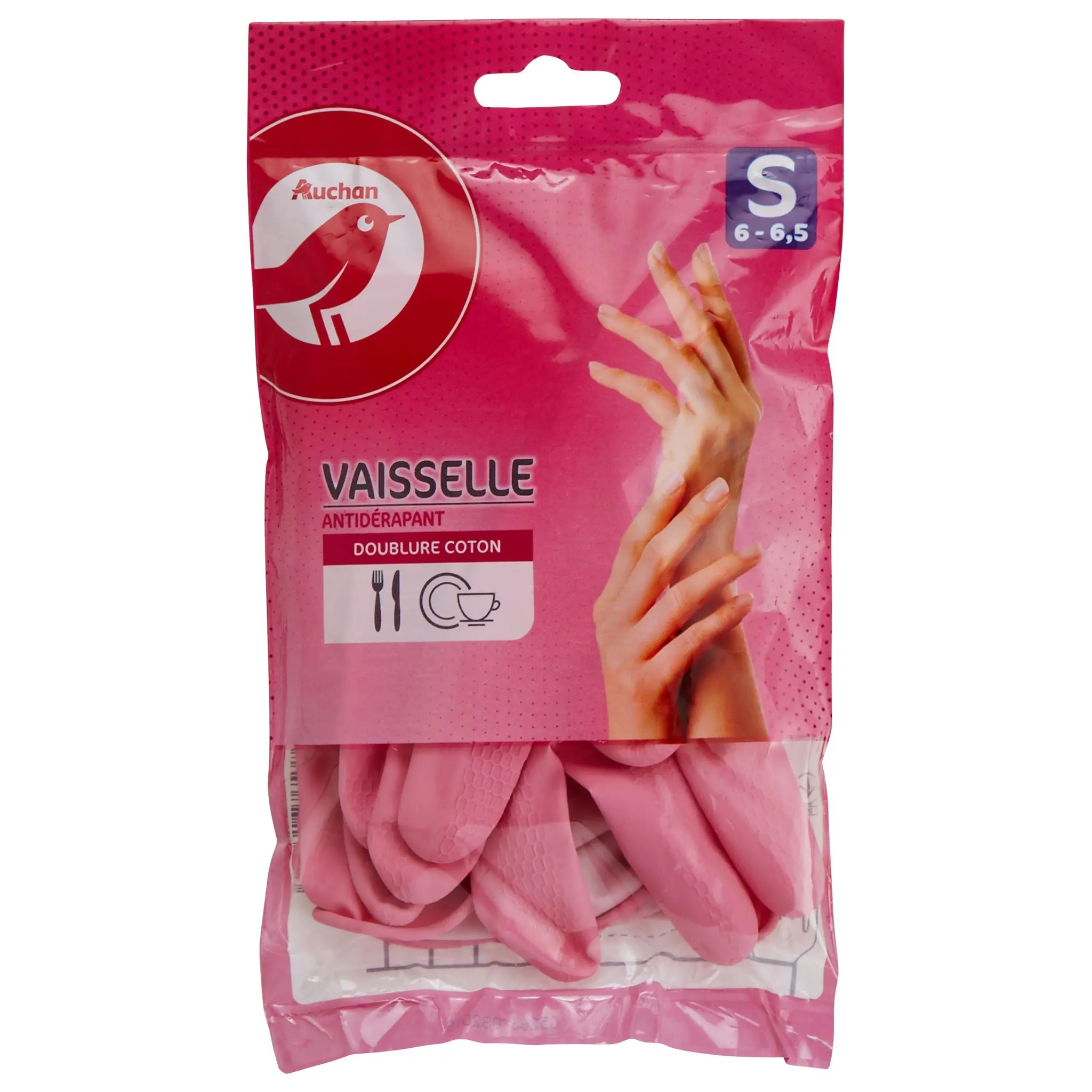 AUCHAN Gants à vaisselle anti-dérapants doublés coton taille S
