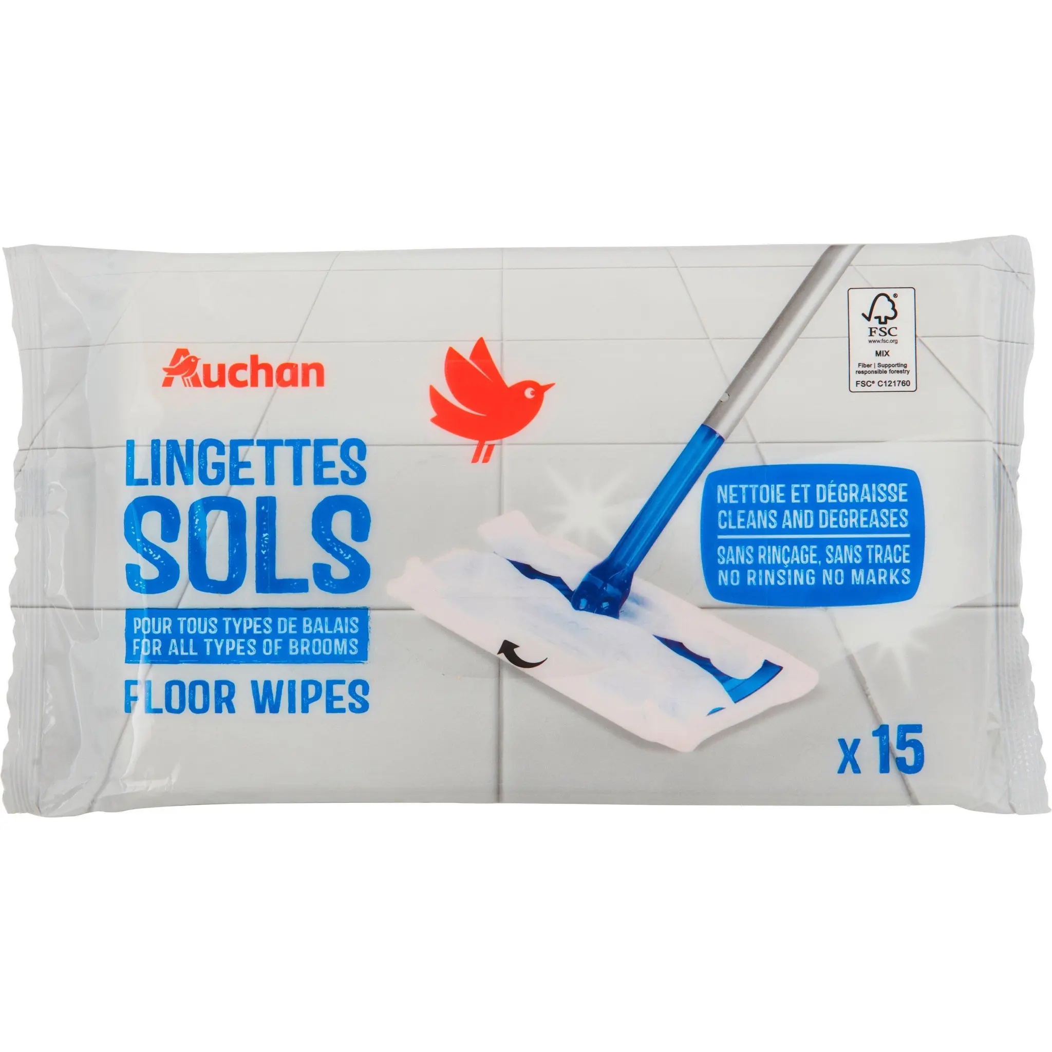 AUCHAN Lingettes nettoyantes sols