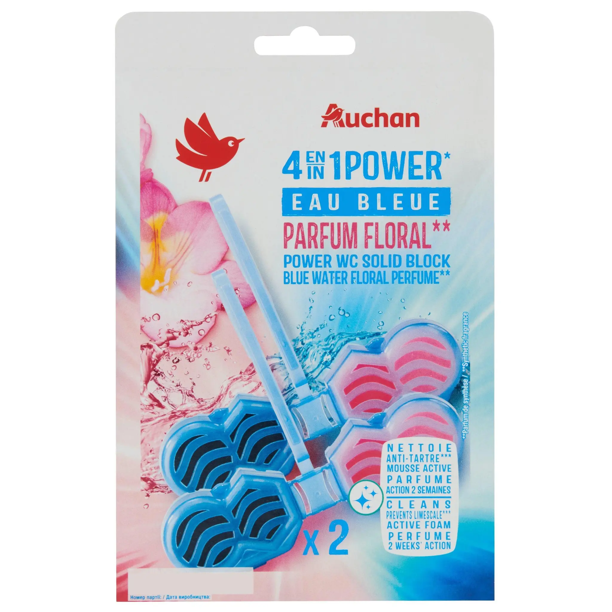 AUCHAN Bloc WC 4 en 1 power eau bleue floral