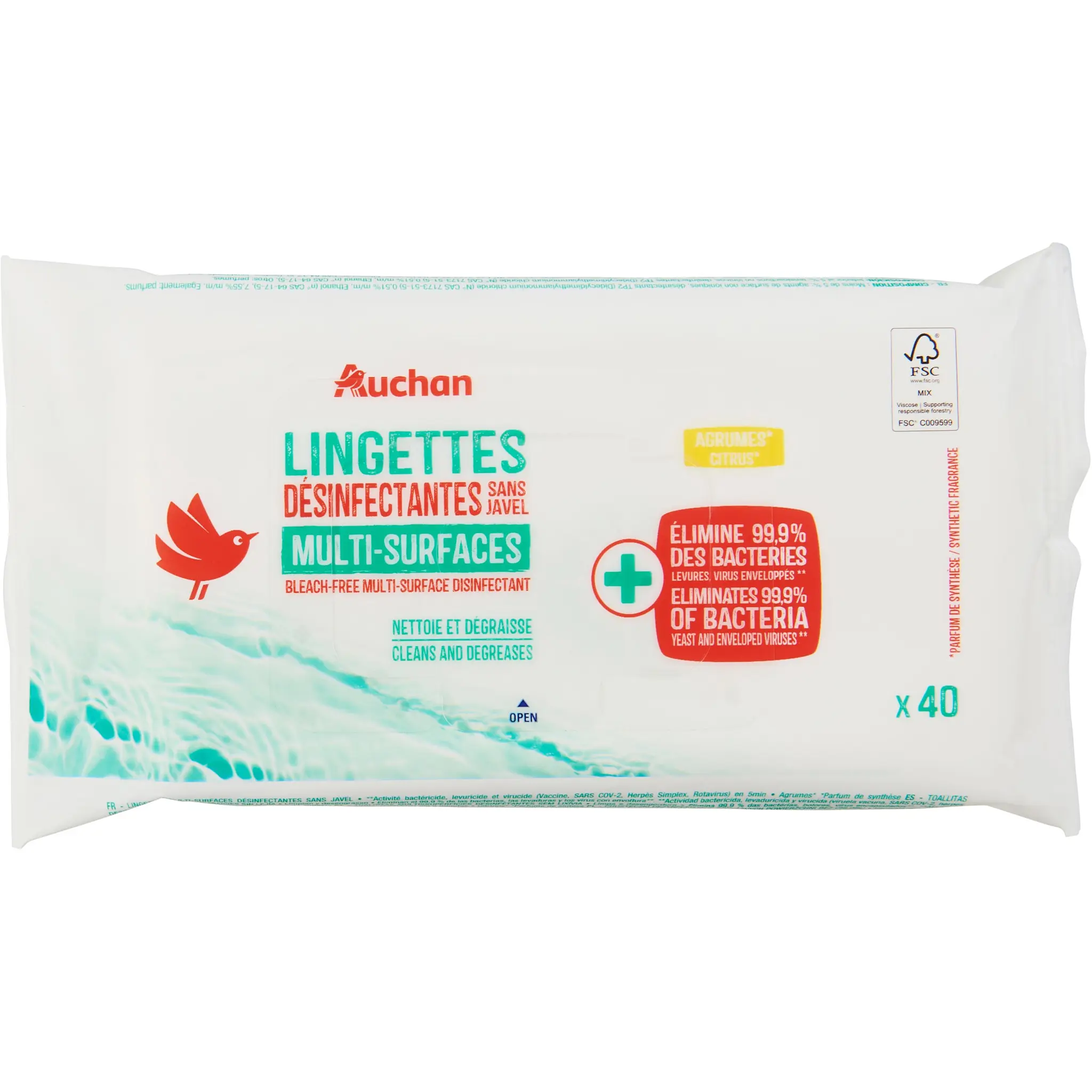 AUCHAN Lingettes désinfectantes sans javel