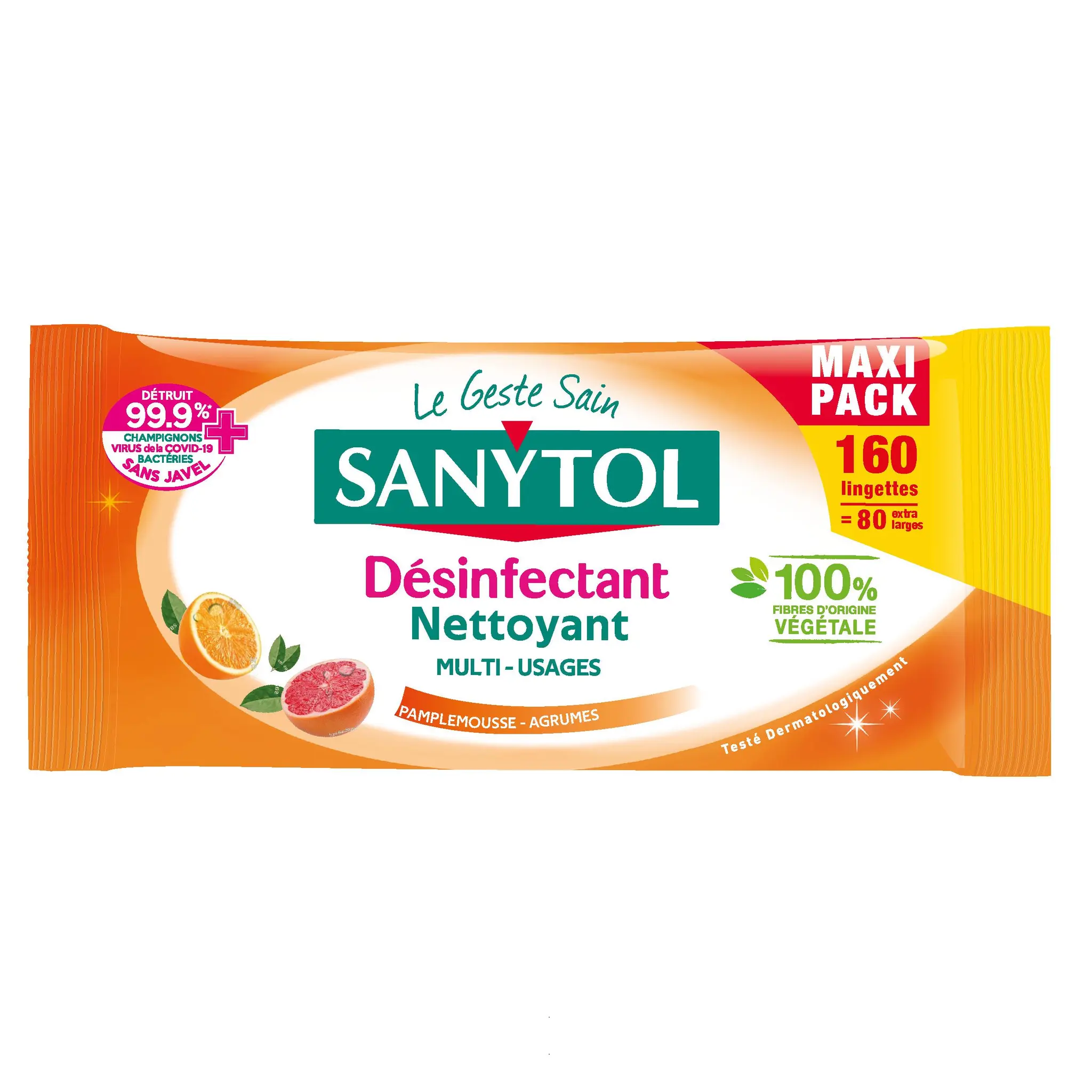 SANYTOL Lingettes désinfectantes multi-usages sans javel pamplemousse
