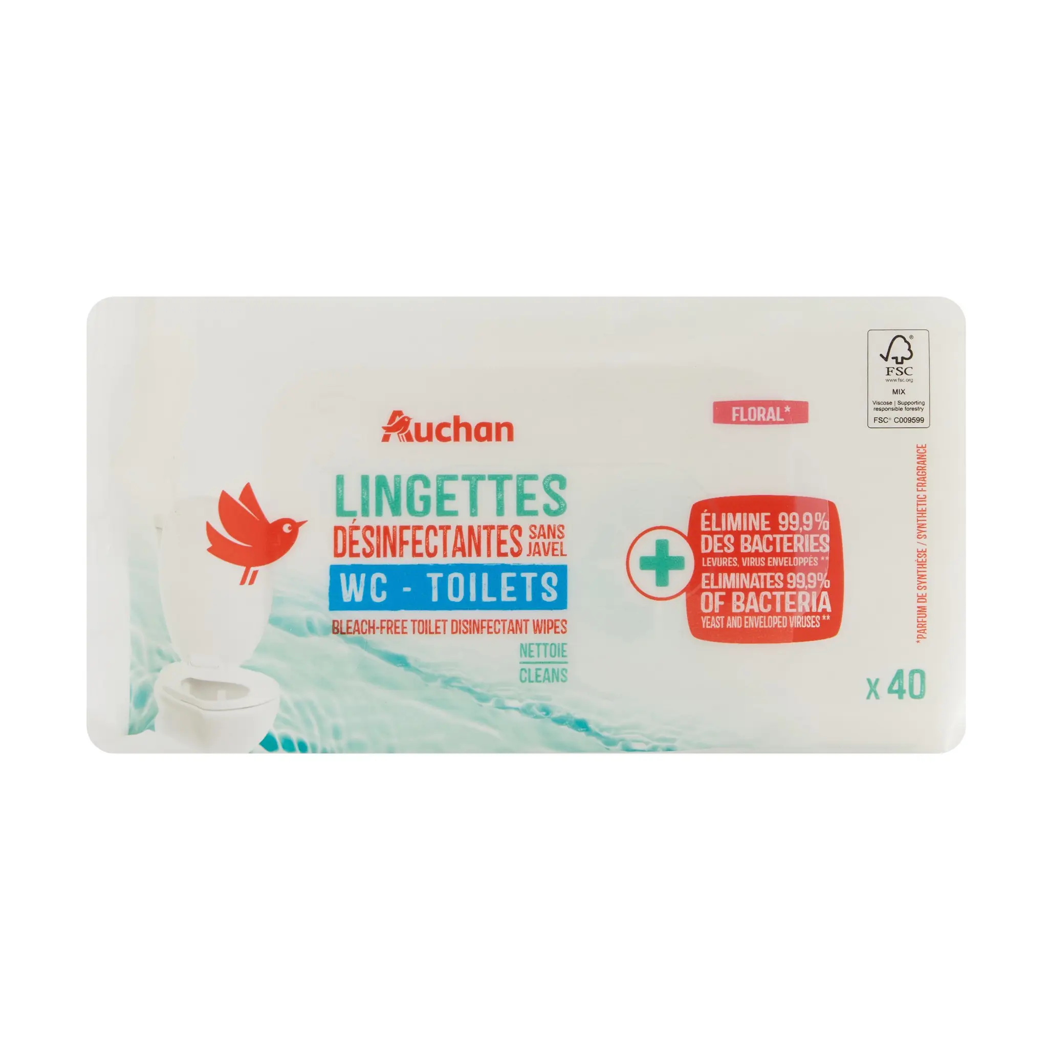 AUCHAN Lingettes WC désinfectantes sans javel