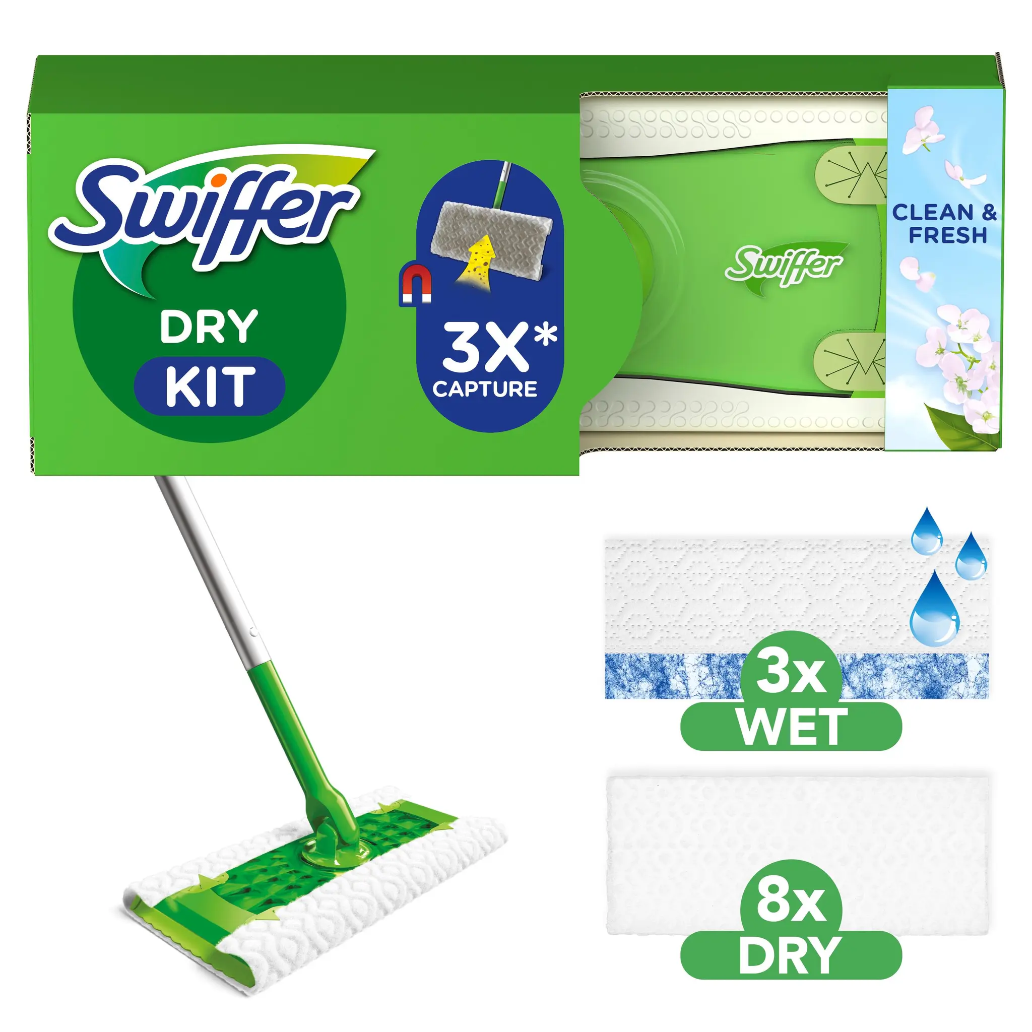 SWIFFER Balai attrape-poussière kit de démarrage lingettes sèches et imprégnées