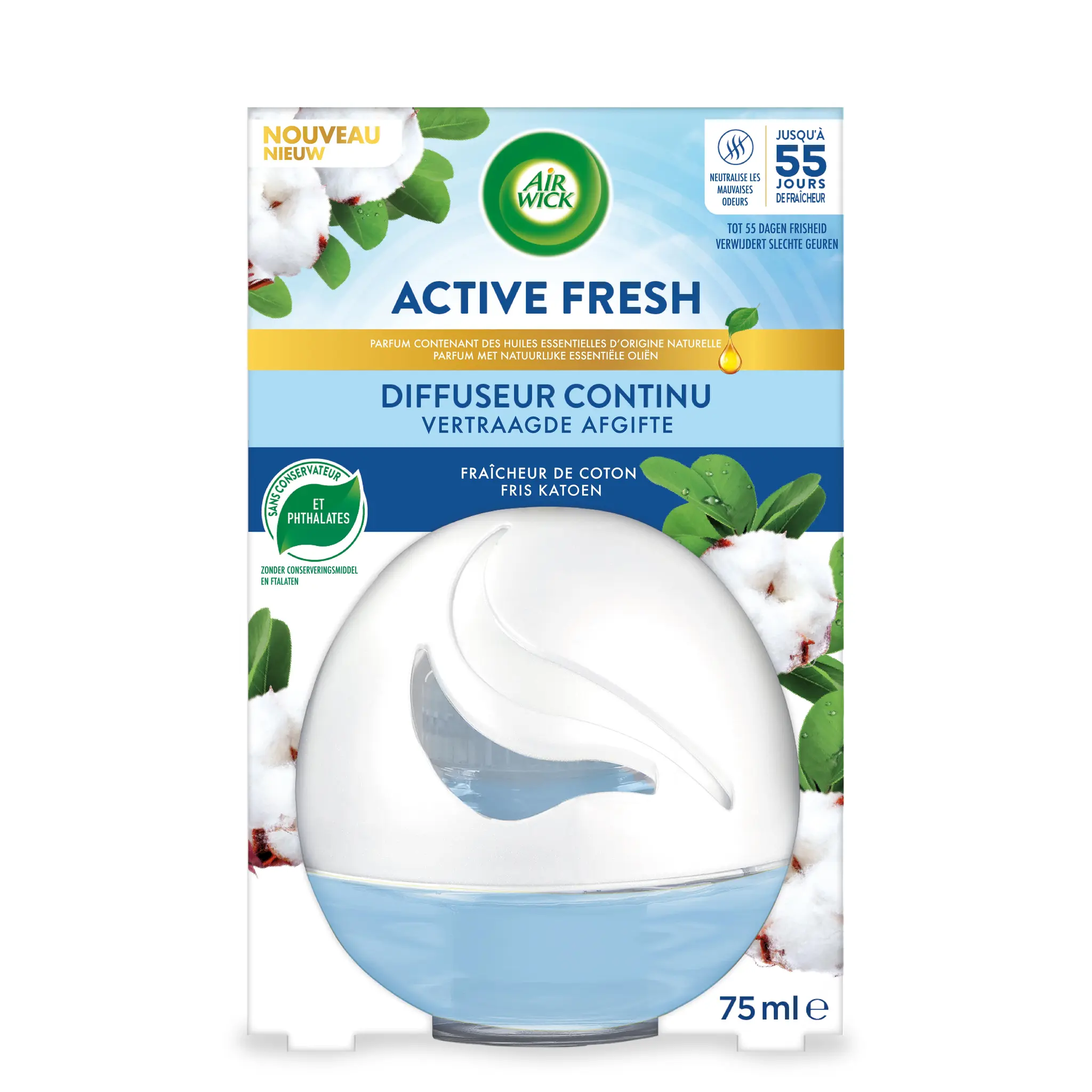 AIR WICK Diffuseur de parfum continu Active Fresh fraîcheur de coton