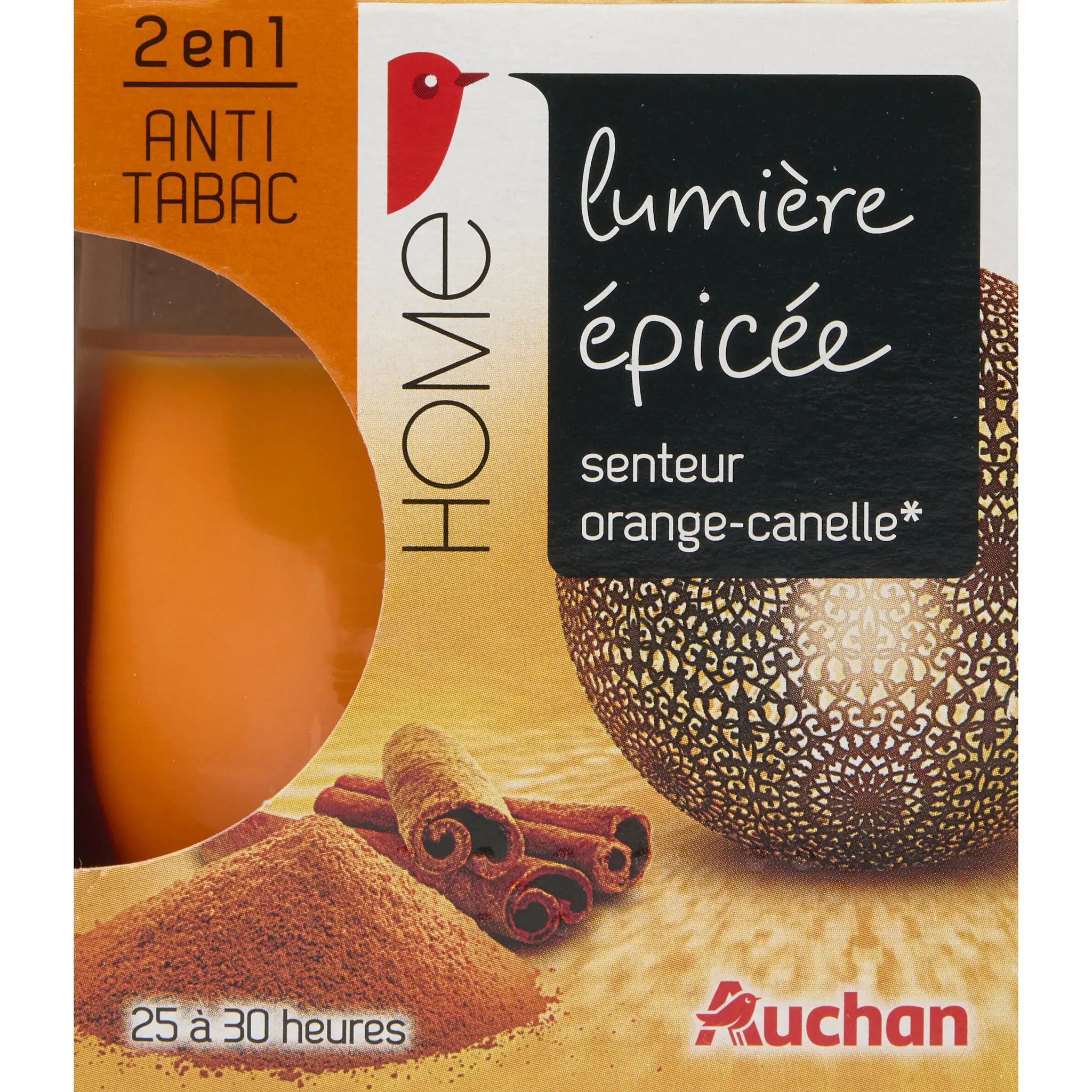 AUCHAN Bougie parfumée anti-tabac senteur orange cannelle