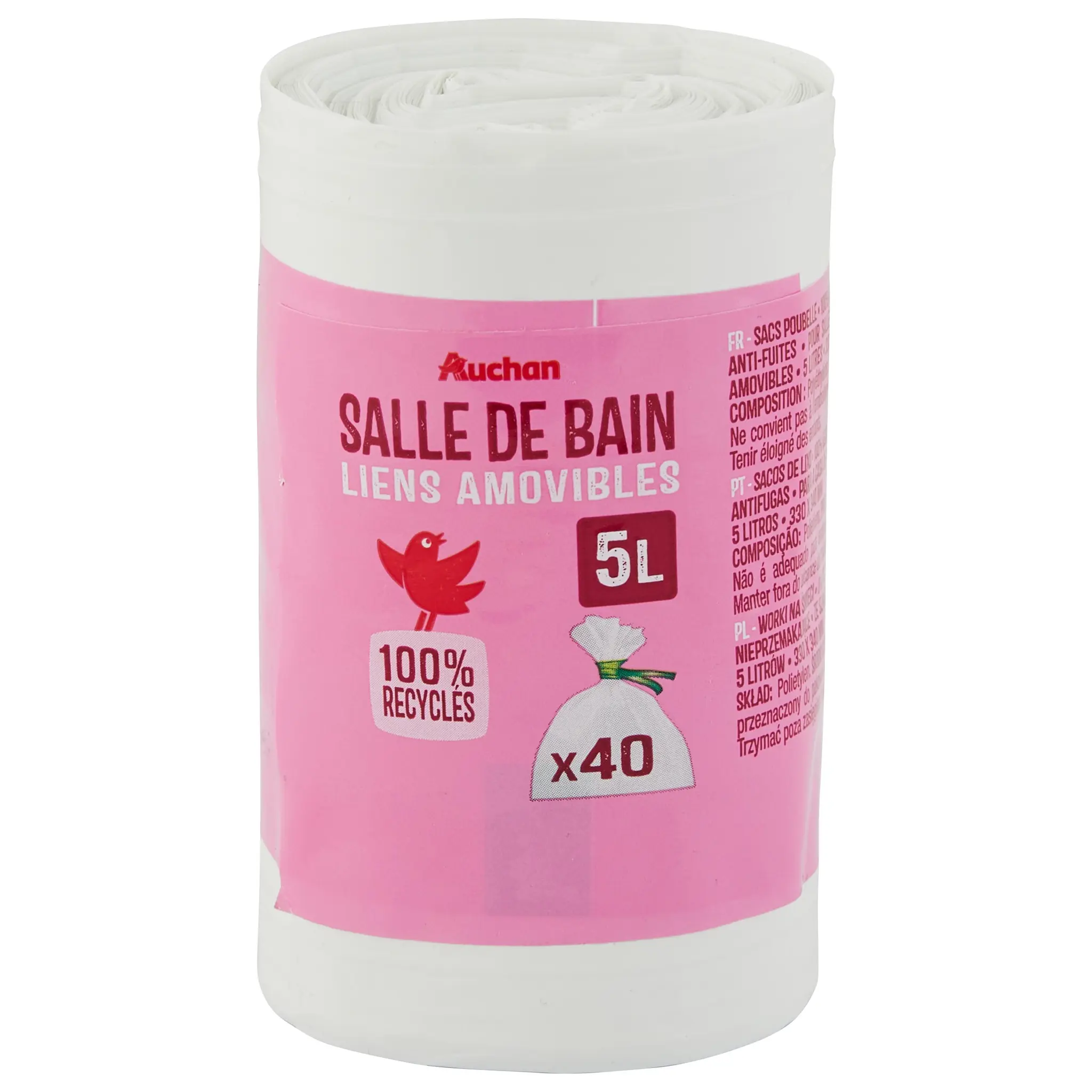 AUCHAN Sacs poubelle à liens détachables salle de bains 5L