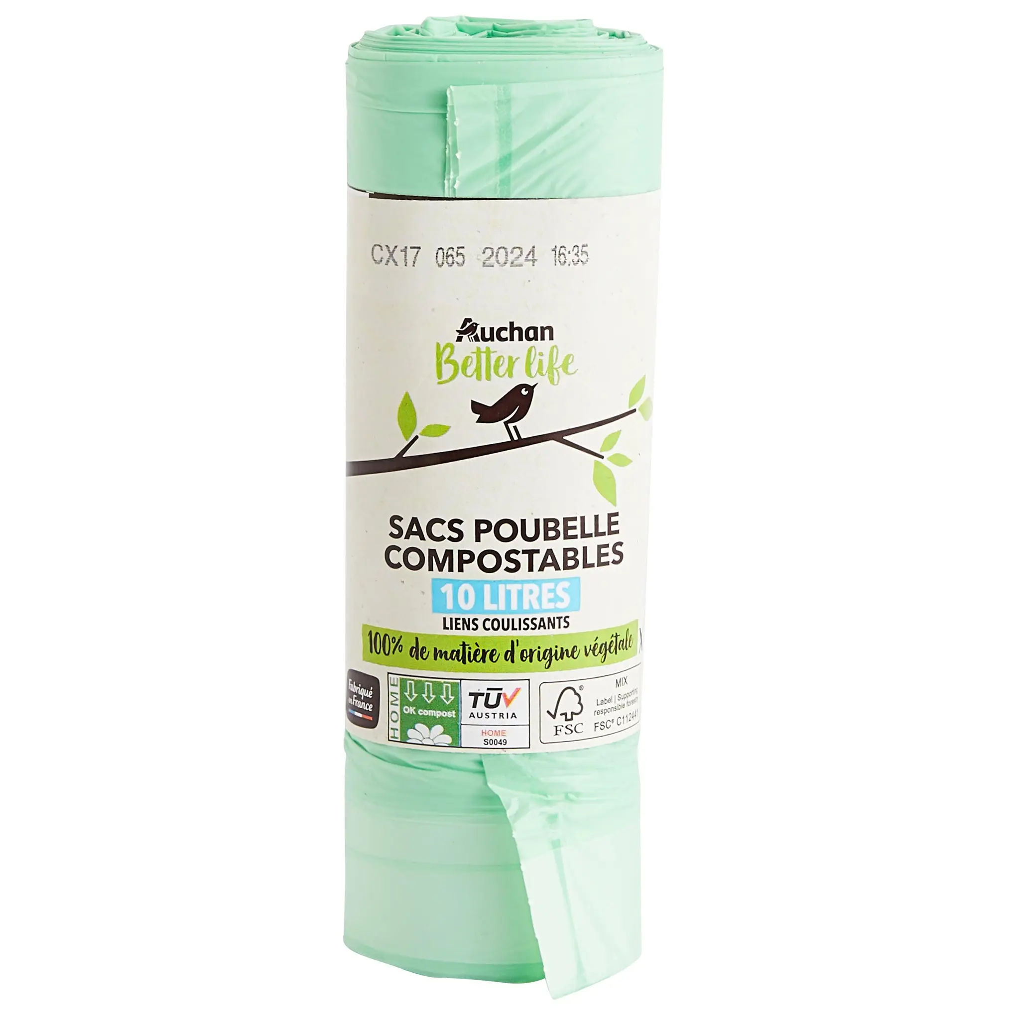 AUCHAN BETTER LIFE Sacs poubelle compostables à liens coulissants 10L