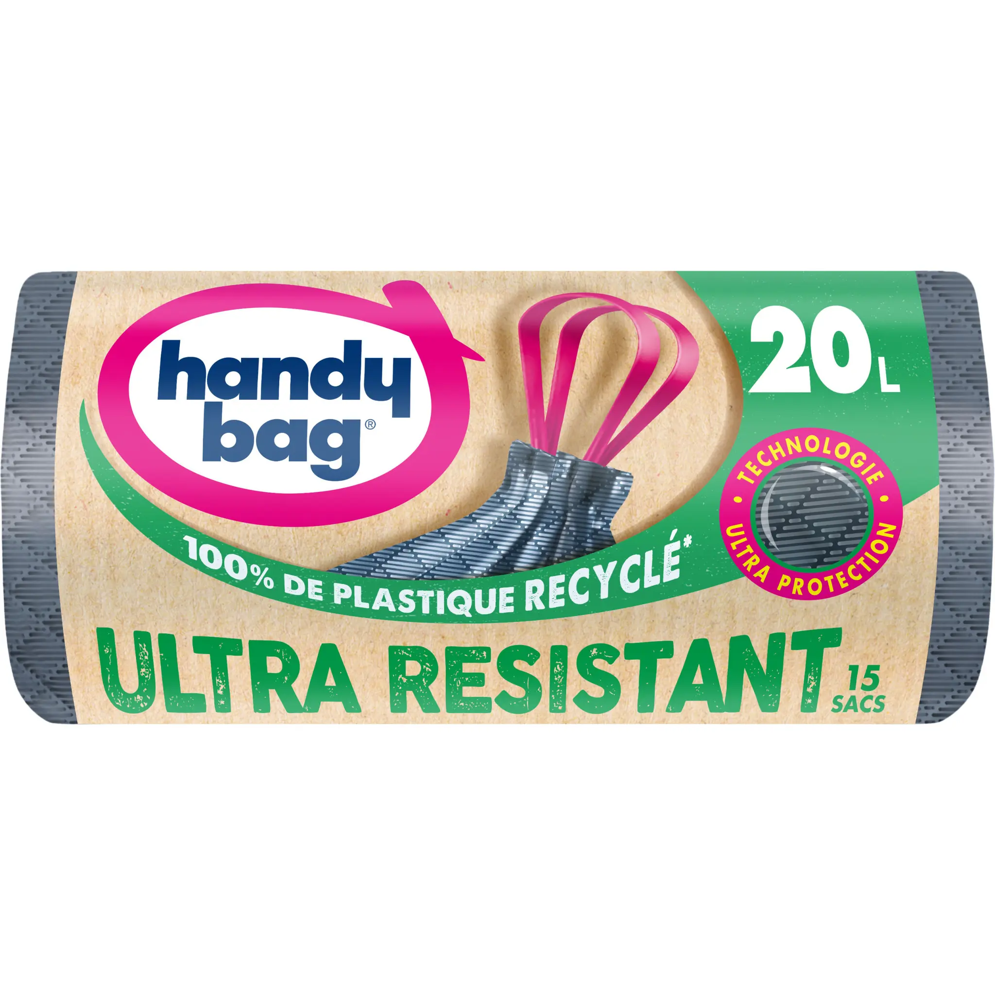 HANDY BAG Sacs poubelle recyclés ultra résistants à liens coulissants 20L
