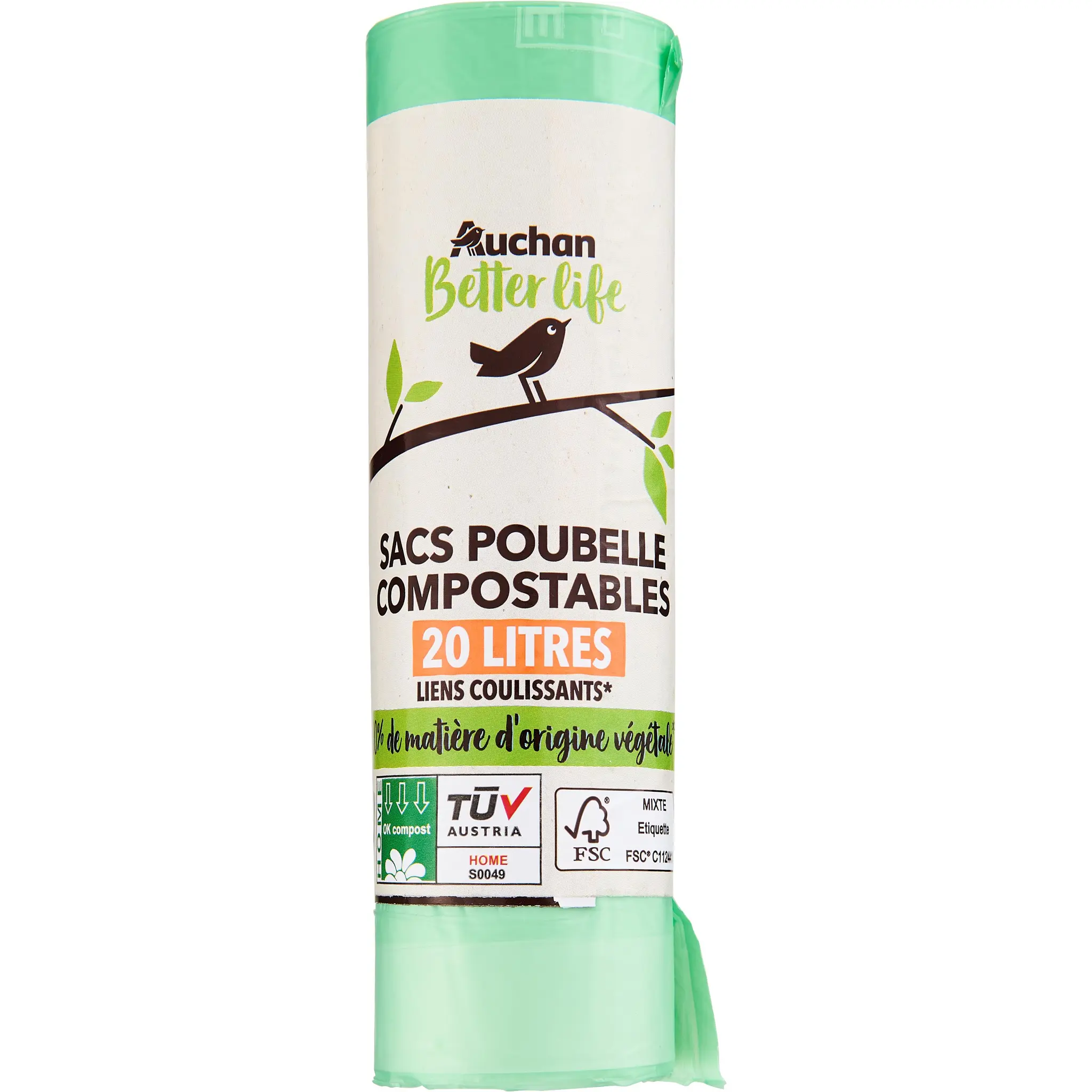 AUCHAN BETTER LIFE Sacs poubelle compostables à liens coulissants 20L