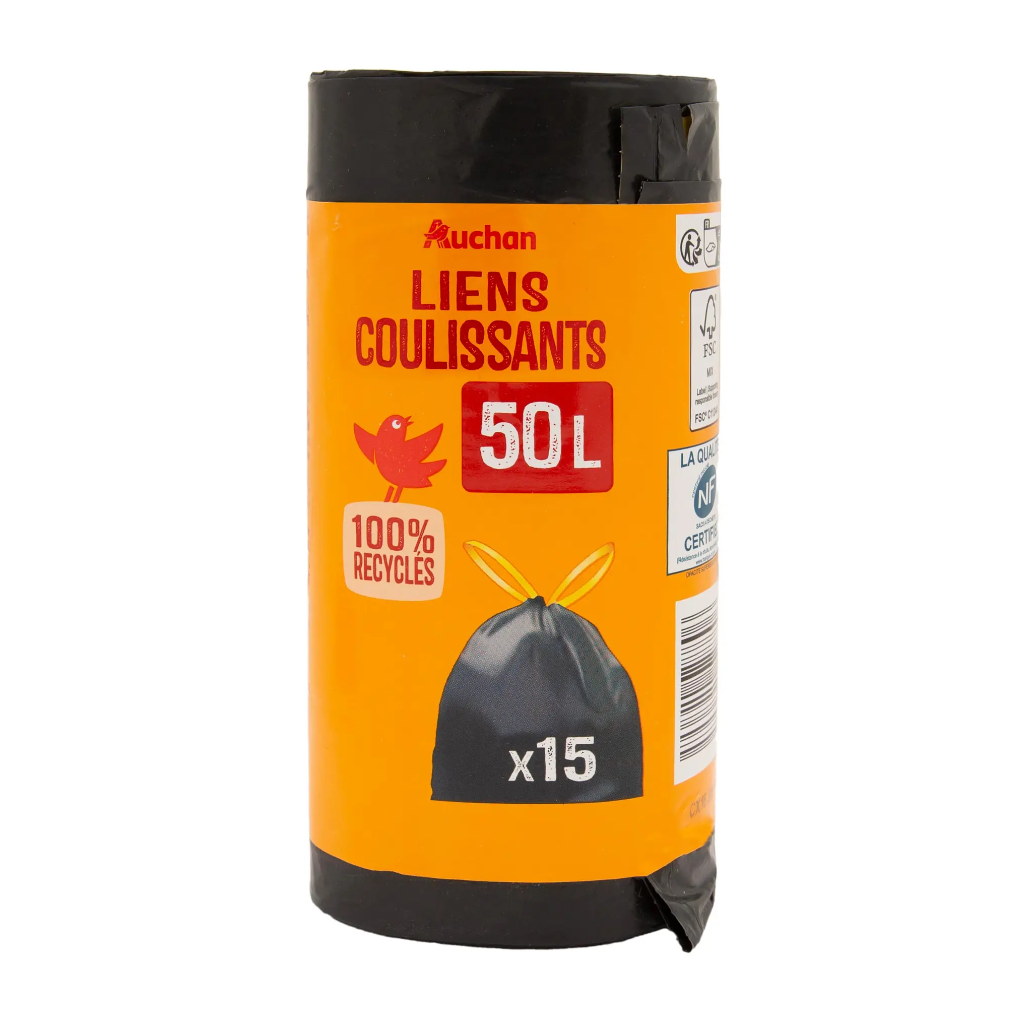 AUCHAN Sacs poubelle à liens coulissants 50L