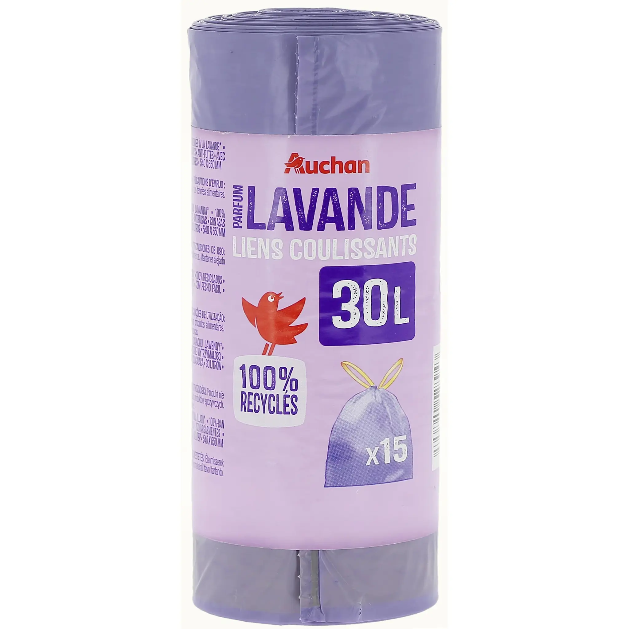 AUCHAN Sacs poubelle à liens coulissants parfum lavande 30L