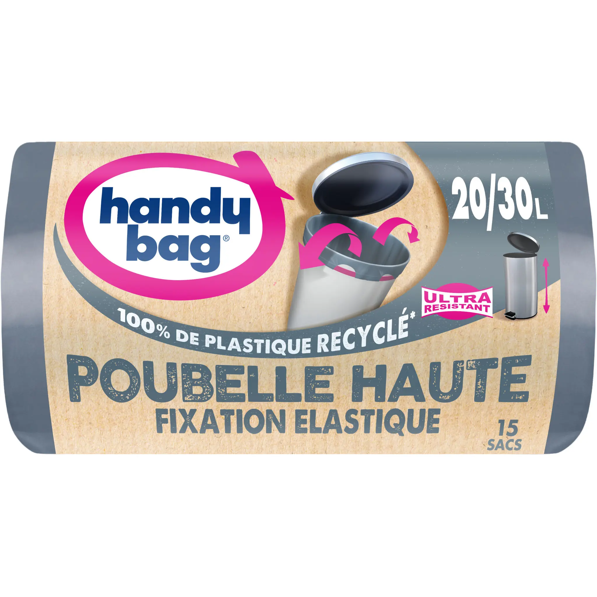 HANDY BAG Sacs poubelle recyclés ultra résistants fixation élastique poubelles hautes 20-30L