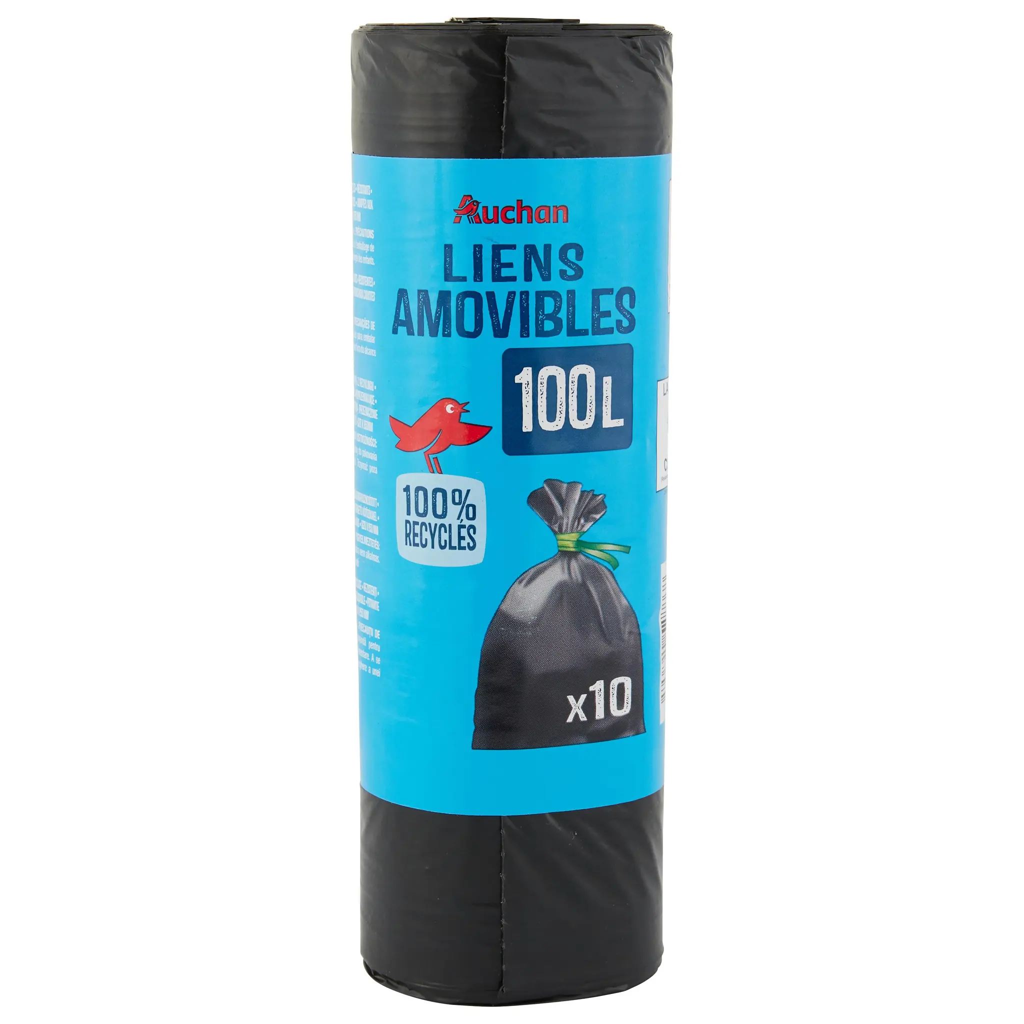 AUCHAN Sacs poubelle à liens amovibles 100L