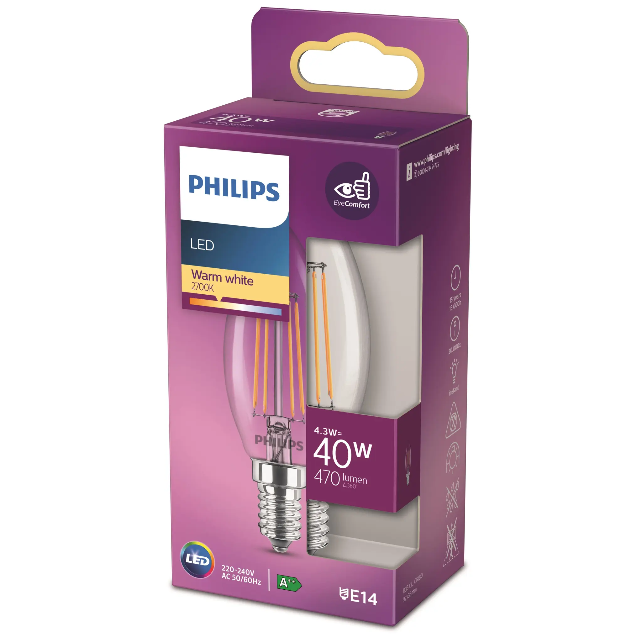 PHILIPS Ampoule LED E14 flamme filament 40W blanc chaud 470 lumen
