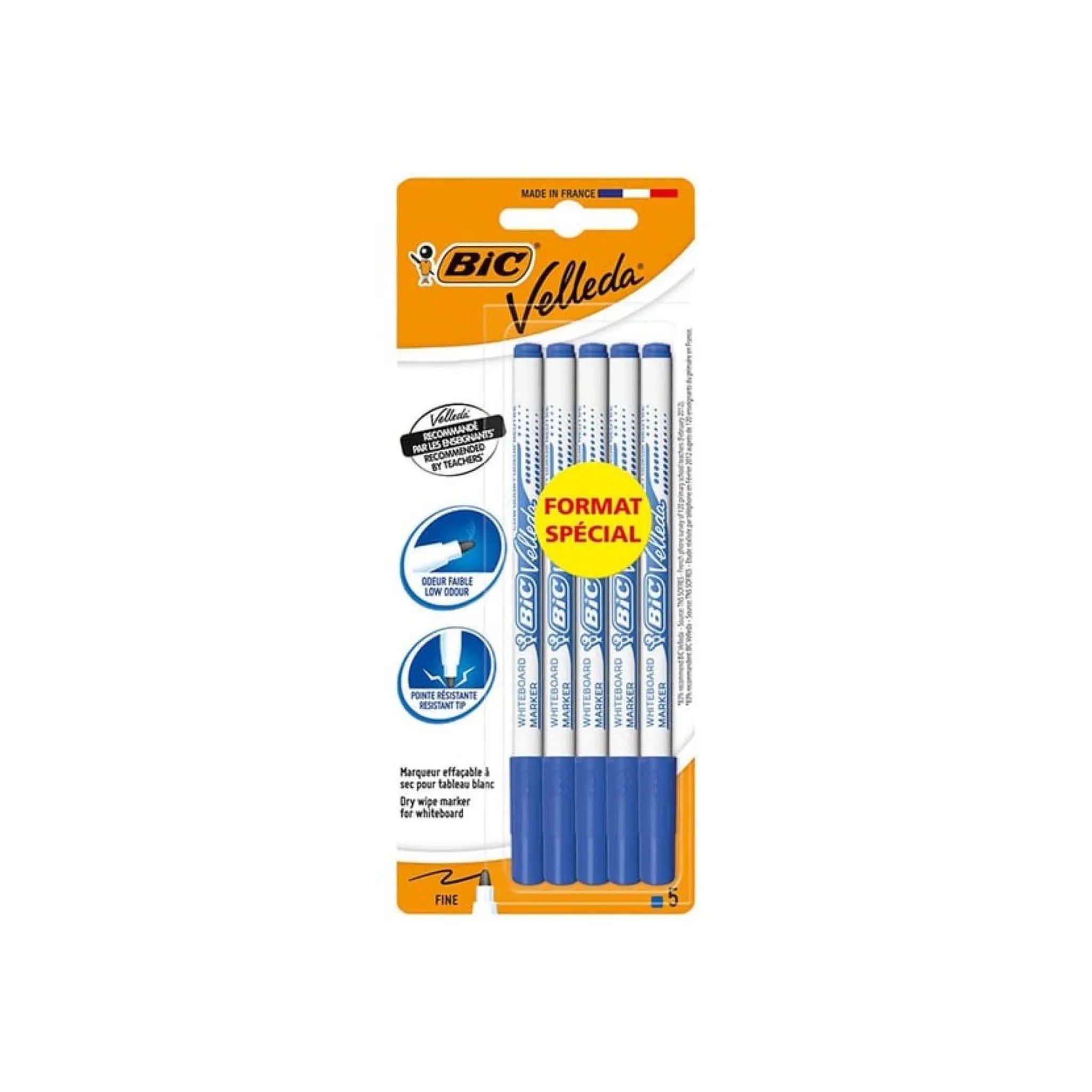 BIC Lot de 5 marqueurs pour tableau blanc effaçables à sec pointe fine VELLEDA - Bleu