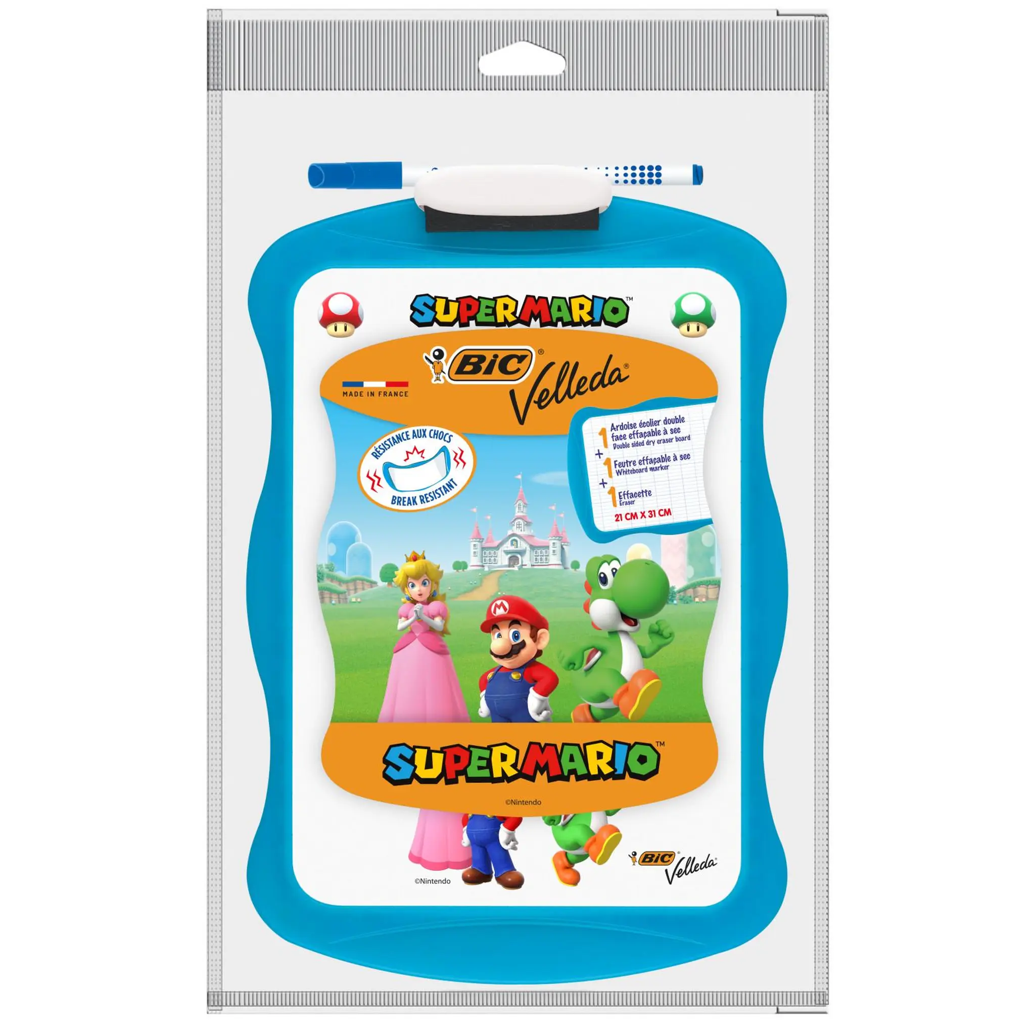 BIC Lot 1 ardoise + 1 feutre effaçable + 1 effacette Velleda Super Mario 20x30cm