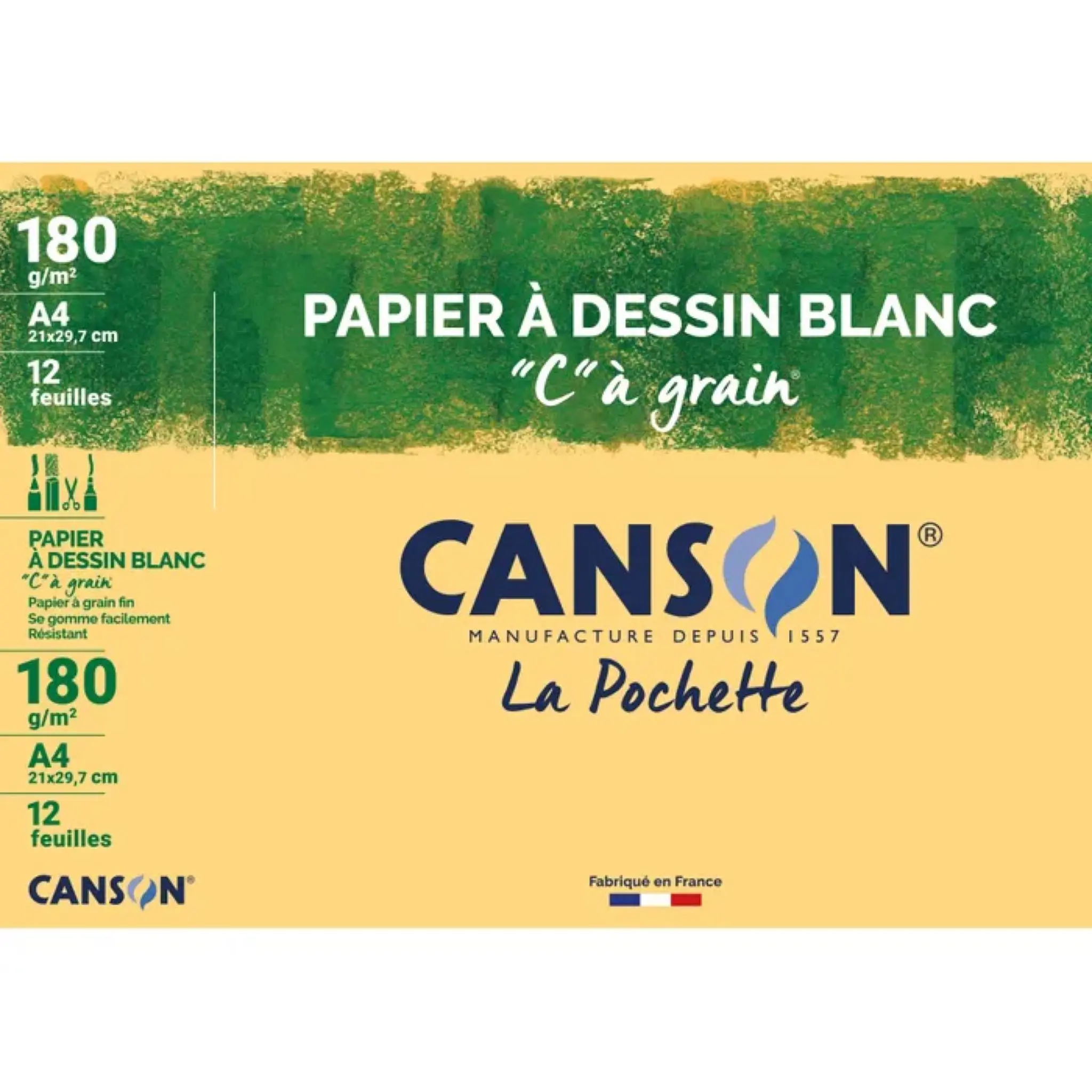 CANSON Pochette papier à dessin blanc à grain 12 feuilles 21x29,7 cm 180g