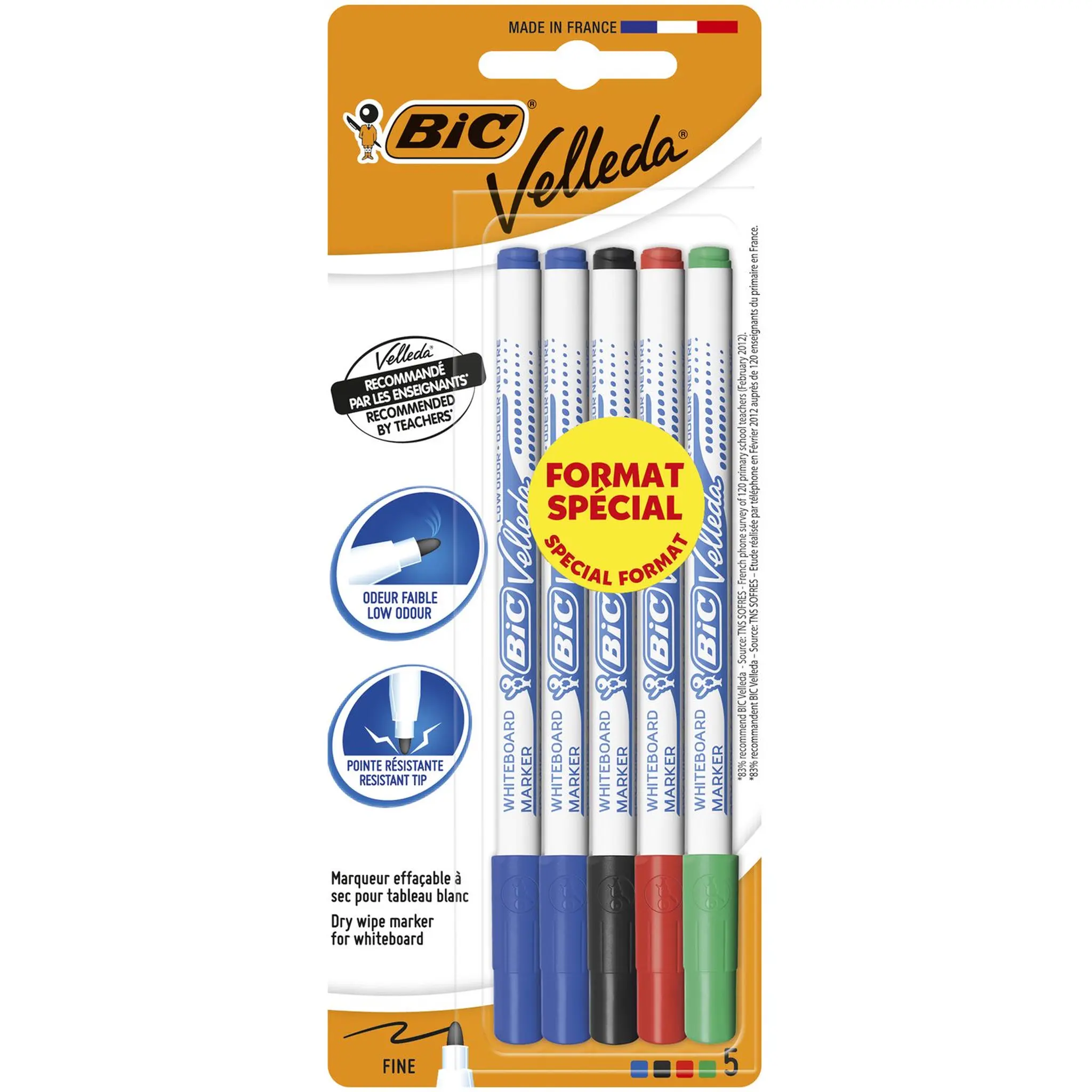 BIC Lot de 5 marqueurs pour tableau blanc effaçables à sec pointe fine VELLEDA