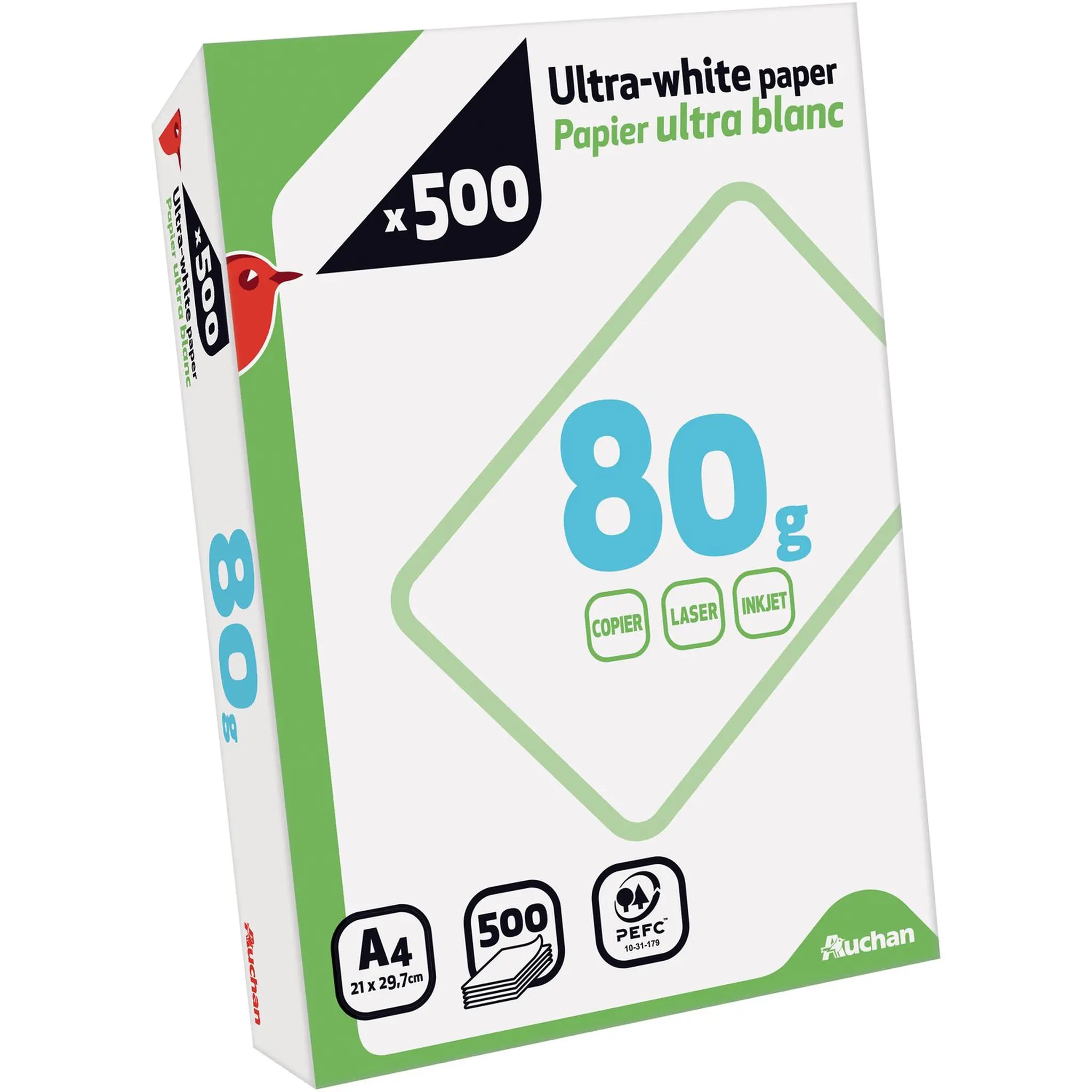 AUCHAN Ramette de papier 21x29.7cm A4 ultra blanc 80g