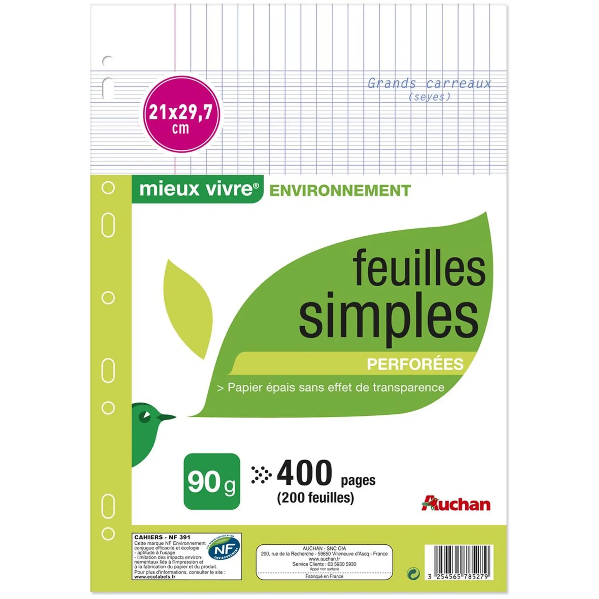 AUCHAN Feuilles simples 400 pages 21x29,7cm grands carreaux Seyes perforées