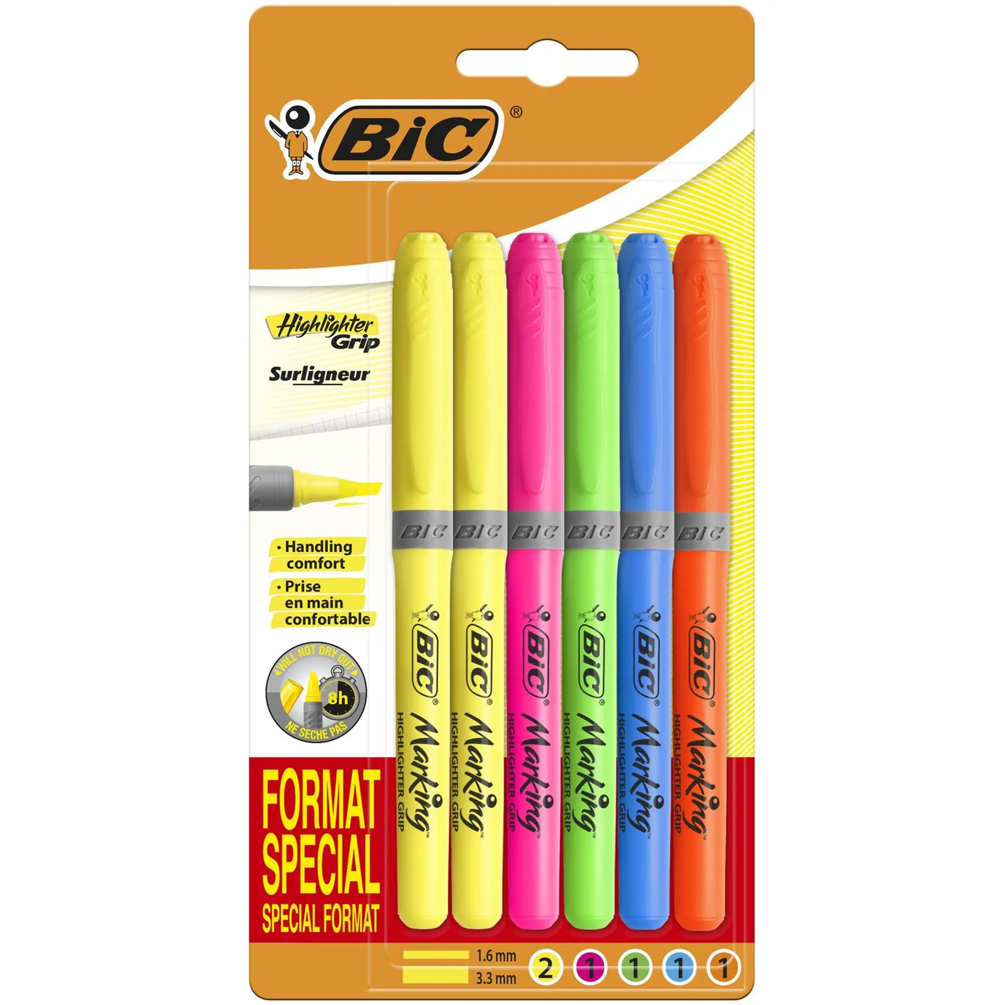 BIC Lot de 6 surligneurs Brite Liner pointe biseautée coloris assortis