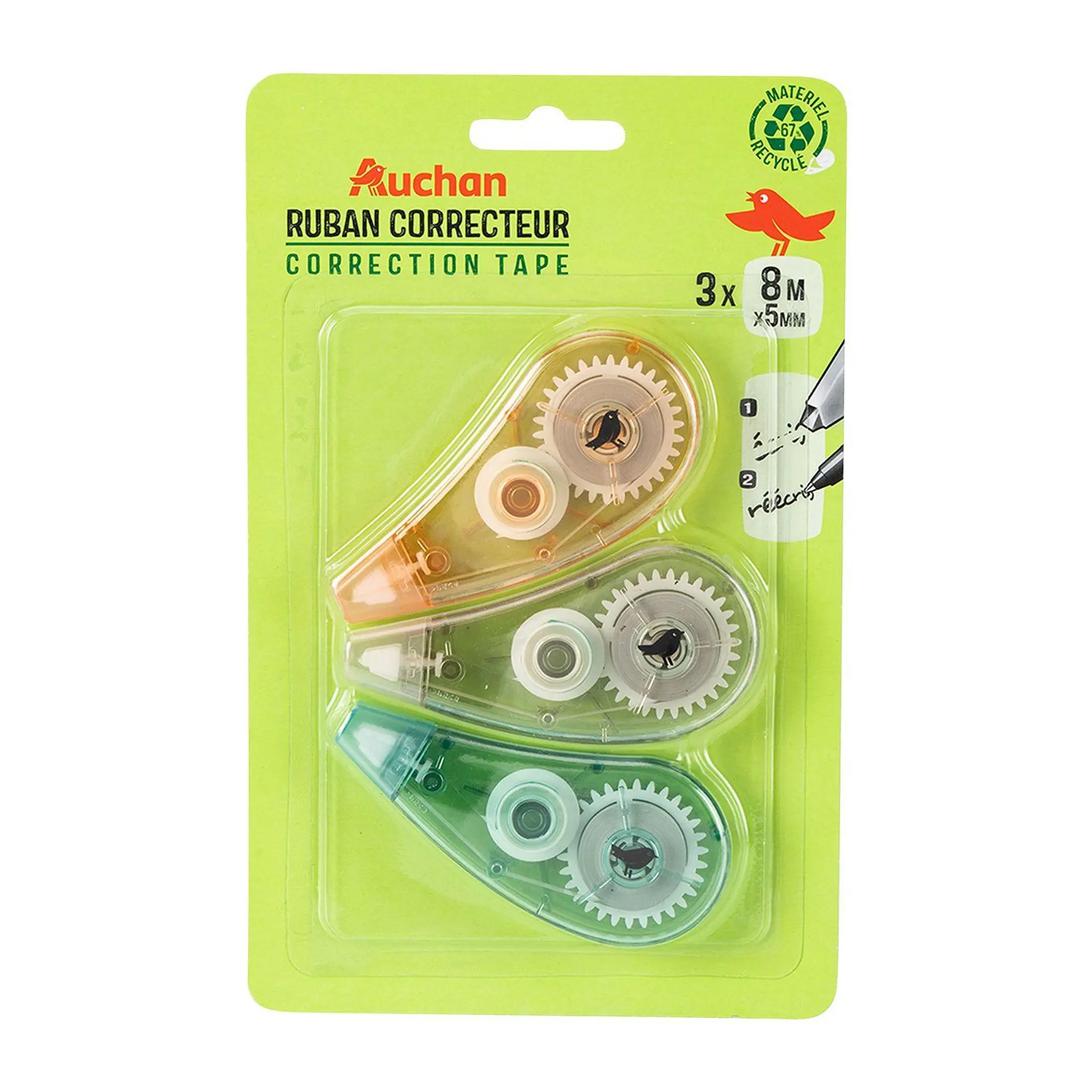 AUCHAN Lot de 3 rubans correcteurs 5mm x 8m
